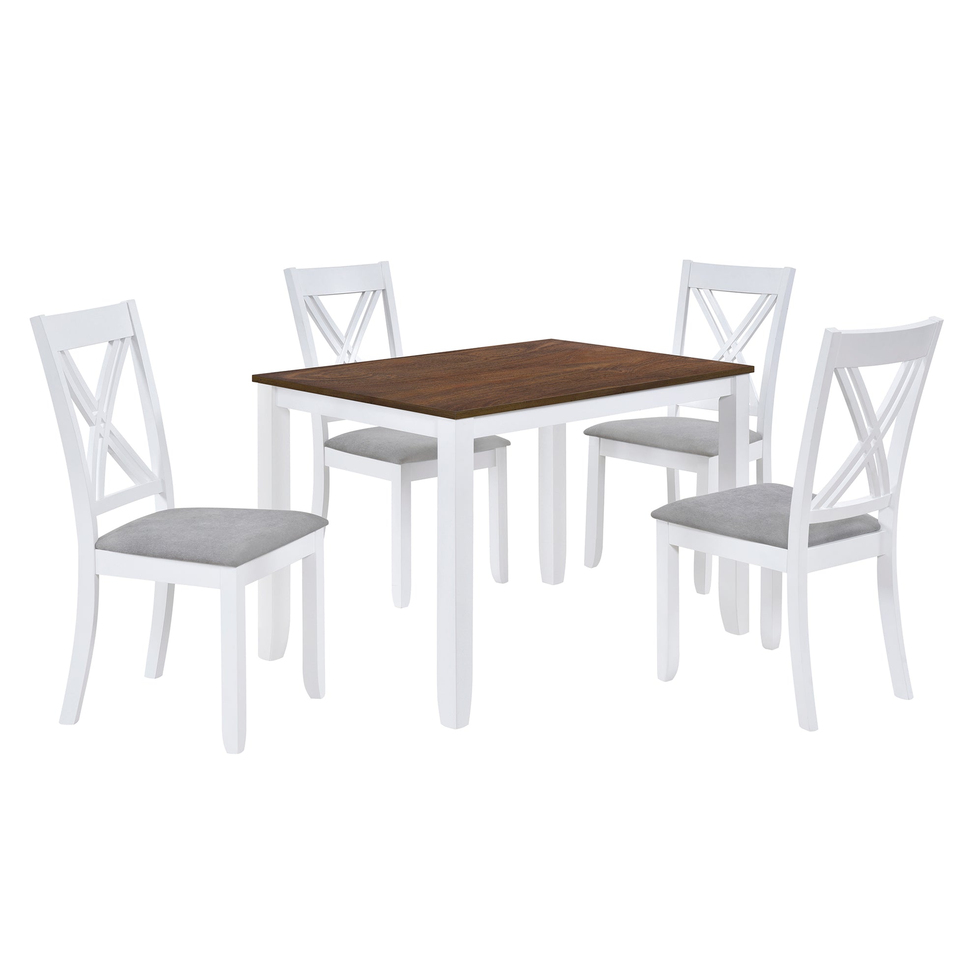 White dining table set with crossback chairs and grey upholstered seats