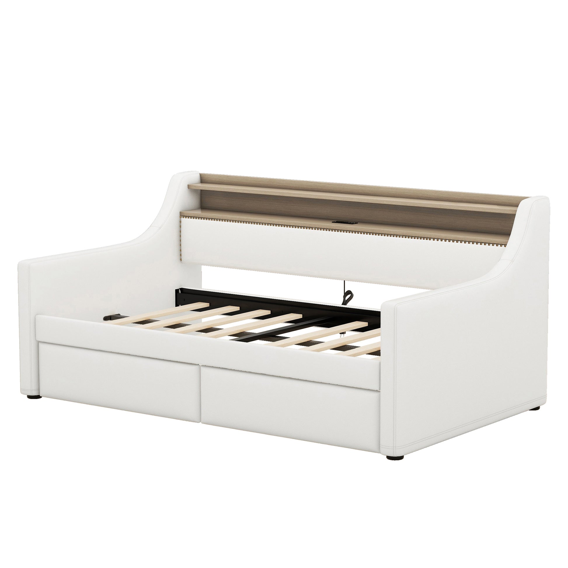 White faux leather daybed with builtin drawers and wooden slatted frame