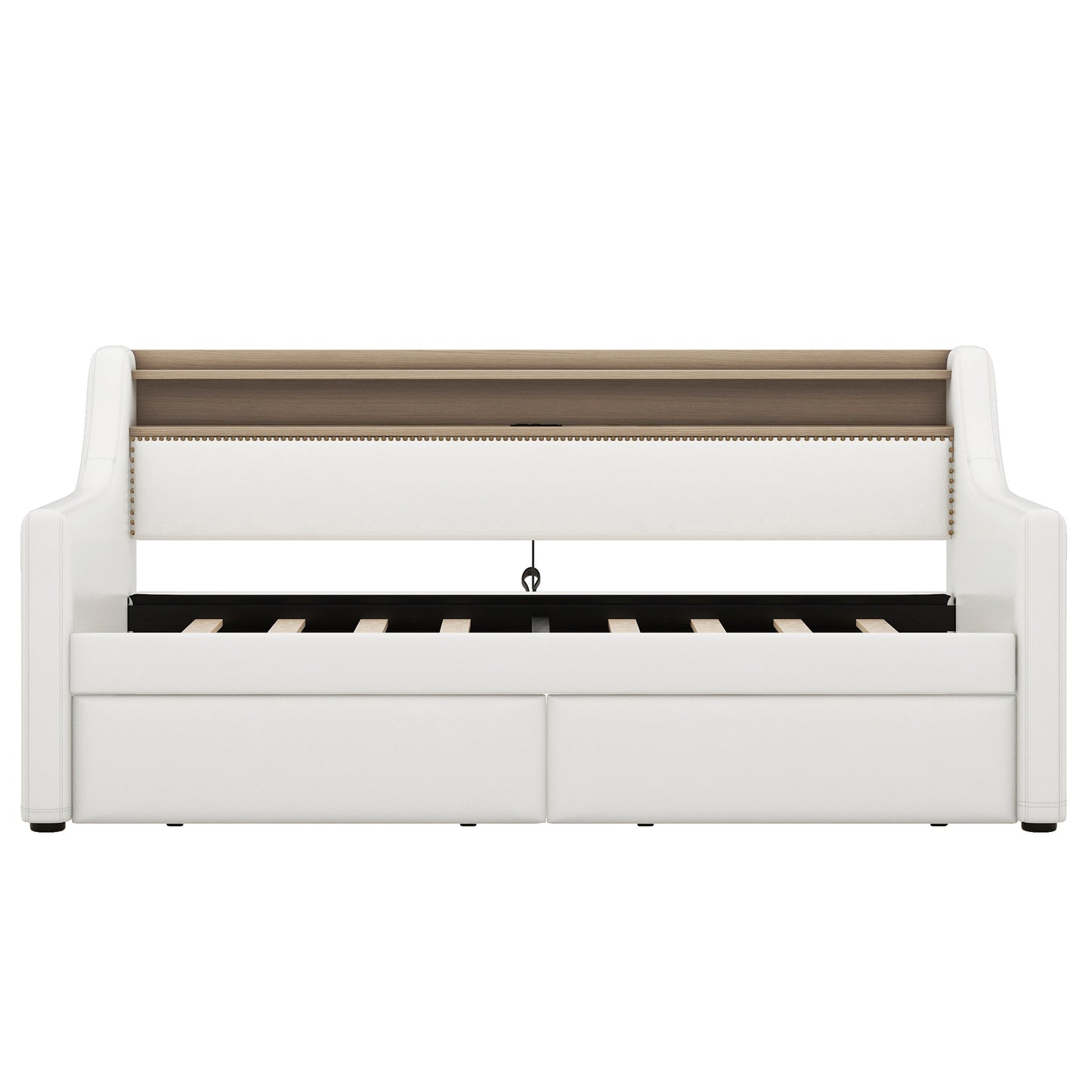 White faux leather sofa bed with wooden accents and two storage drawers