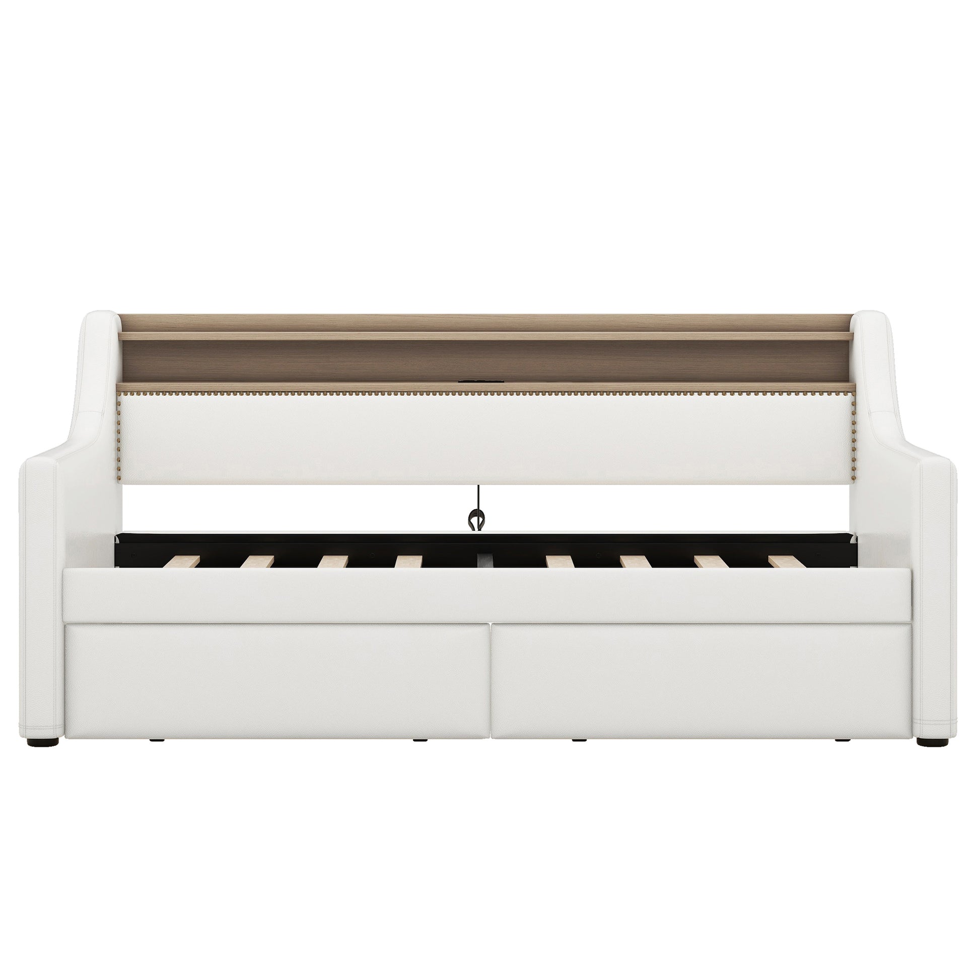 White faux leather sofa bed with wooden accents and two storage drawers