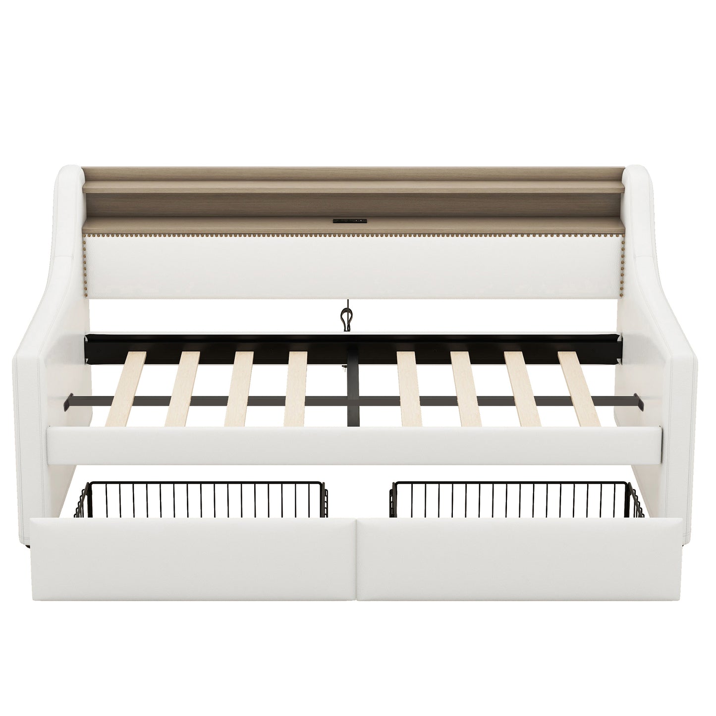 White upholstered daybed with wooden slatted frame and two pullout storage drawers