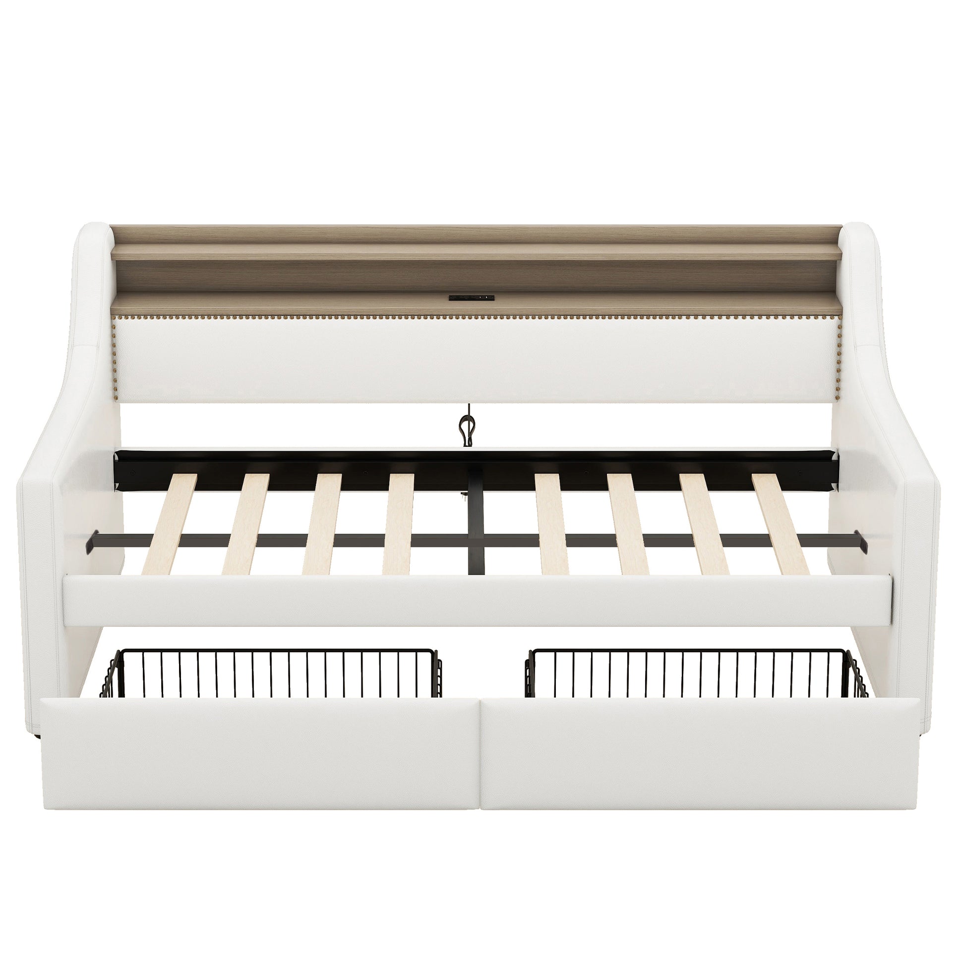 White upholstered daybed with wooden slatted frame and two pullout storage drawers