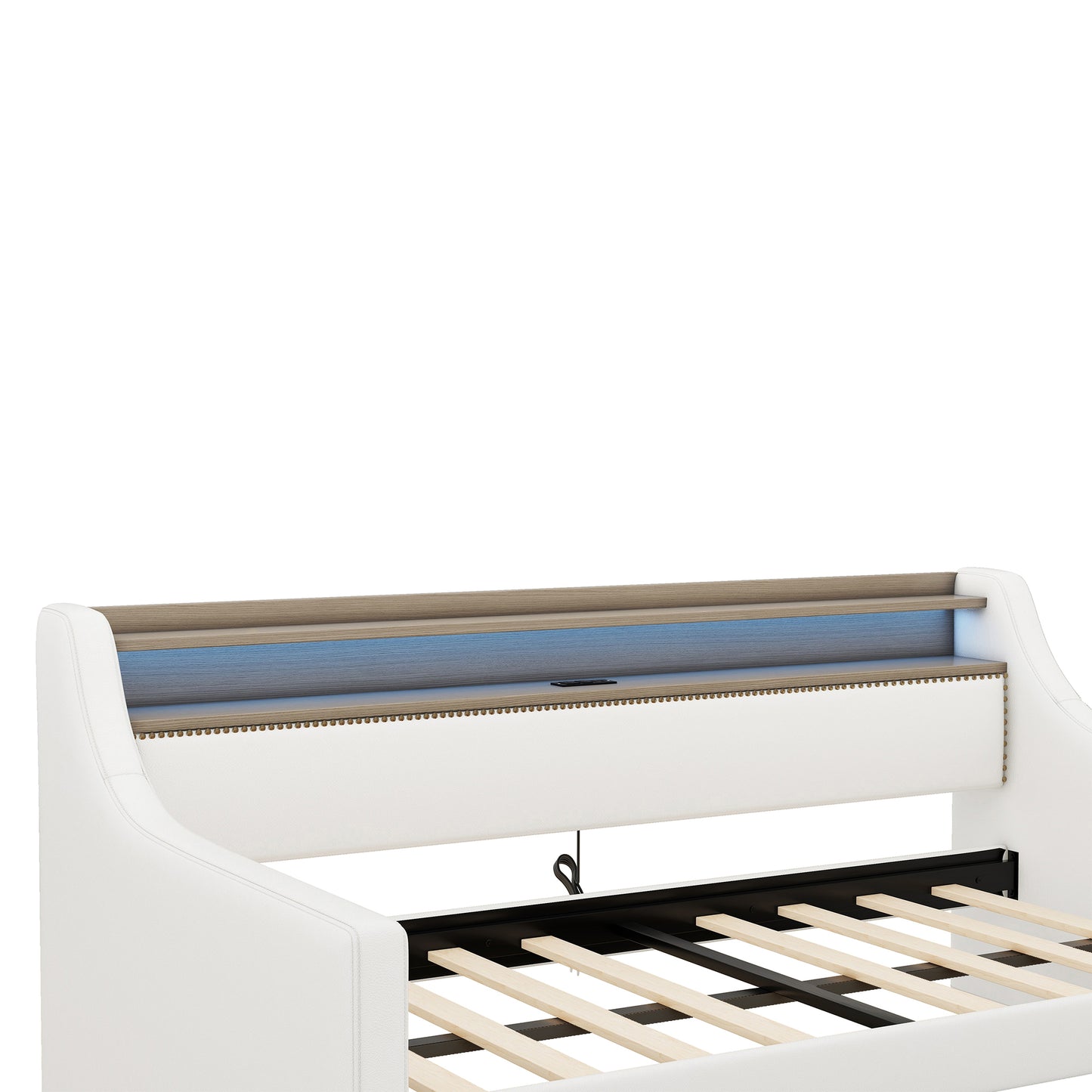 White upholstered daybed with woodgrain shelf and blue LED backlighting