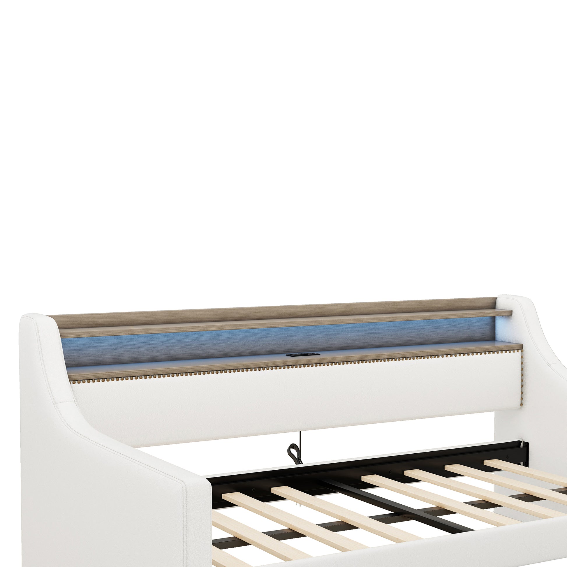 White upholstered daybed with woodgrain shelf and blue LED backlighting