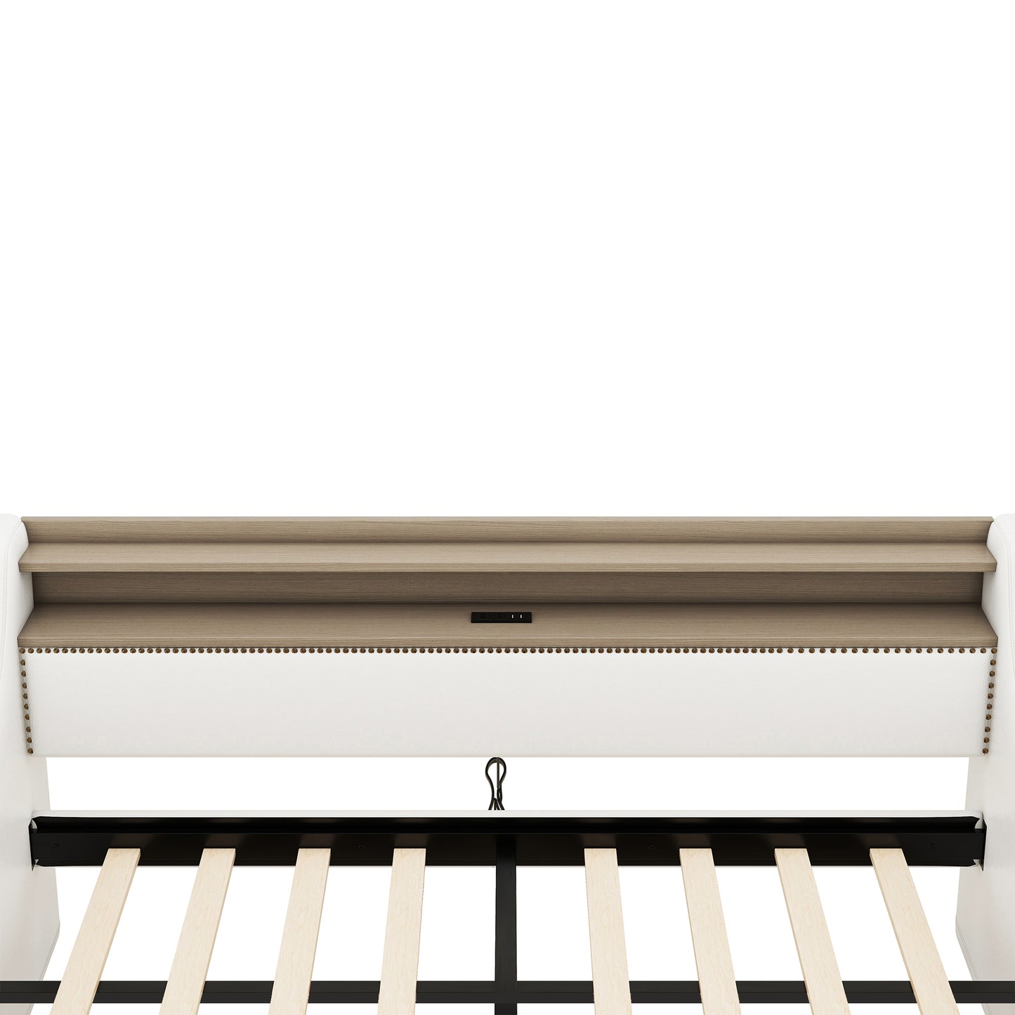 White upholstered modern bed frame with wood shelf and integrated outlets