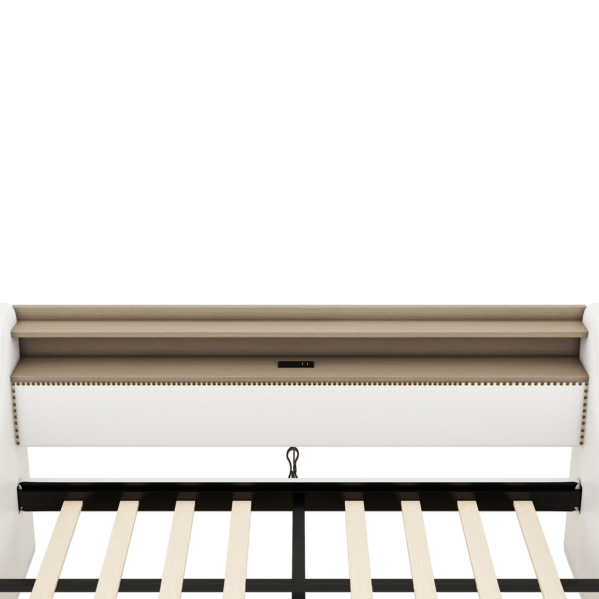 White upholstered modern bed frame with wood shelf and integrated outlets