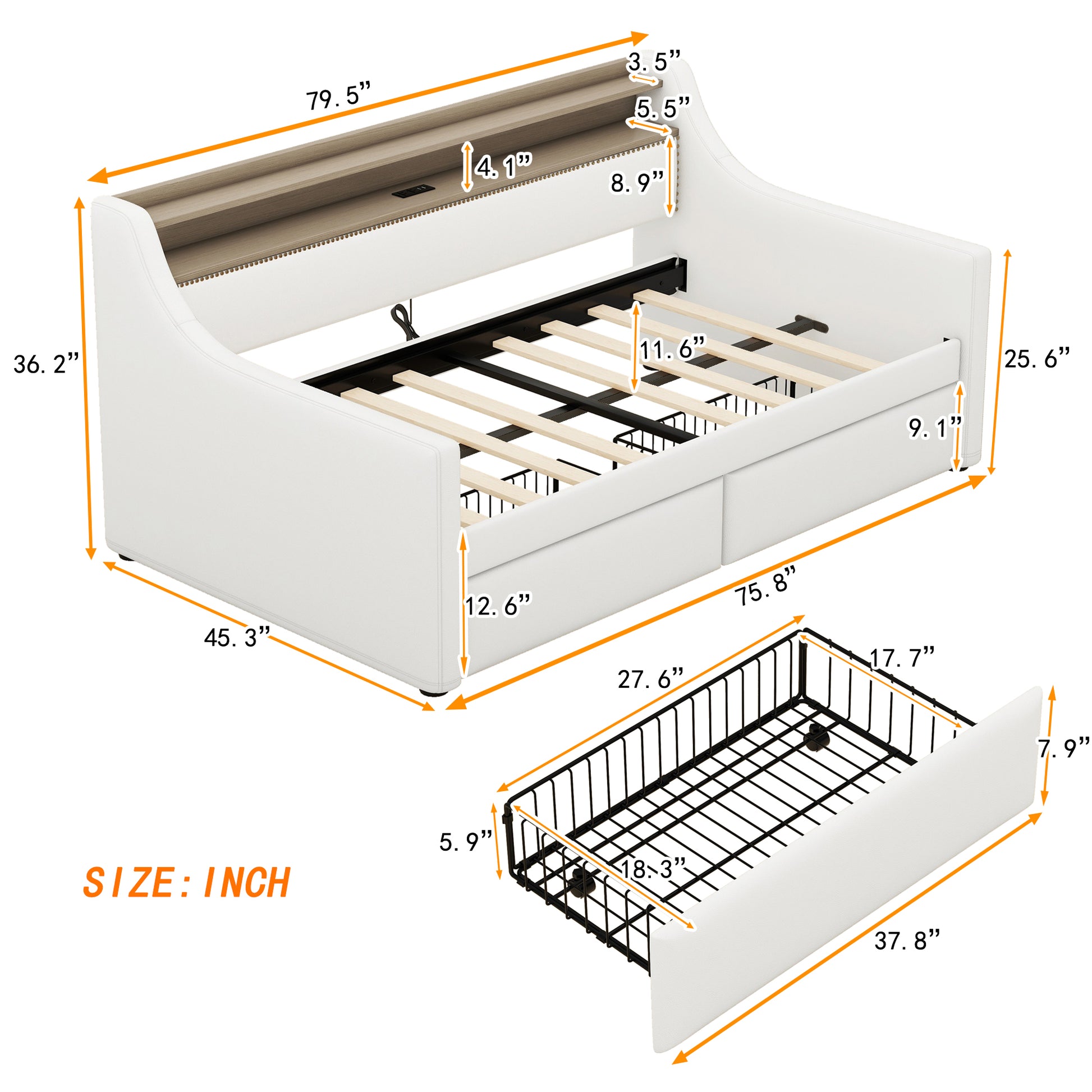 White upholstered daybed with two drawers and detailed dimensions