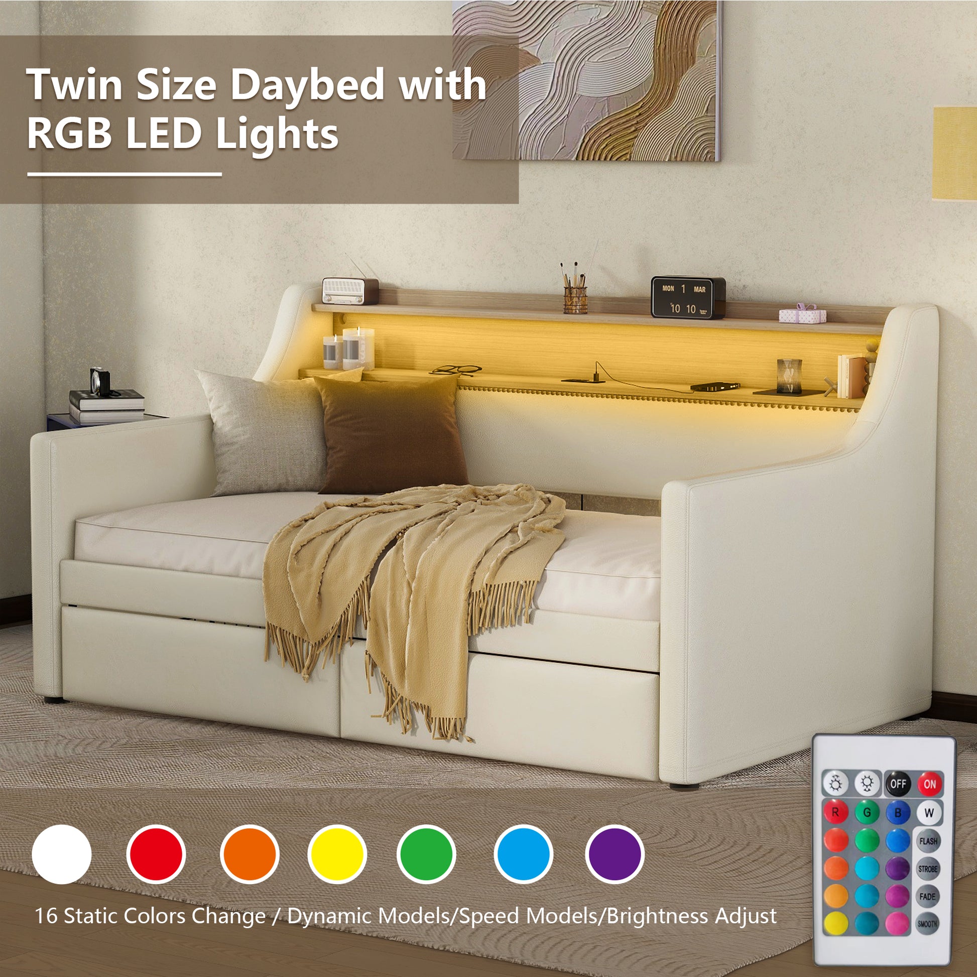 Twin size daybed with white upholstery and integrated RGB LED lighting
