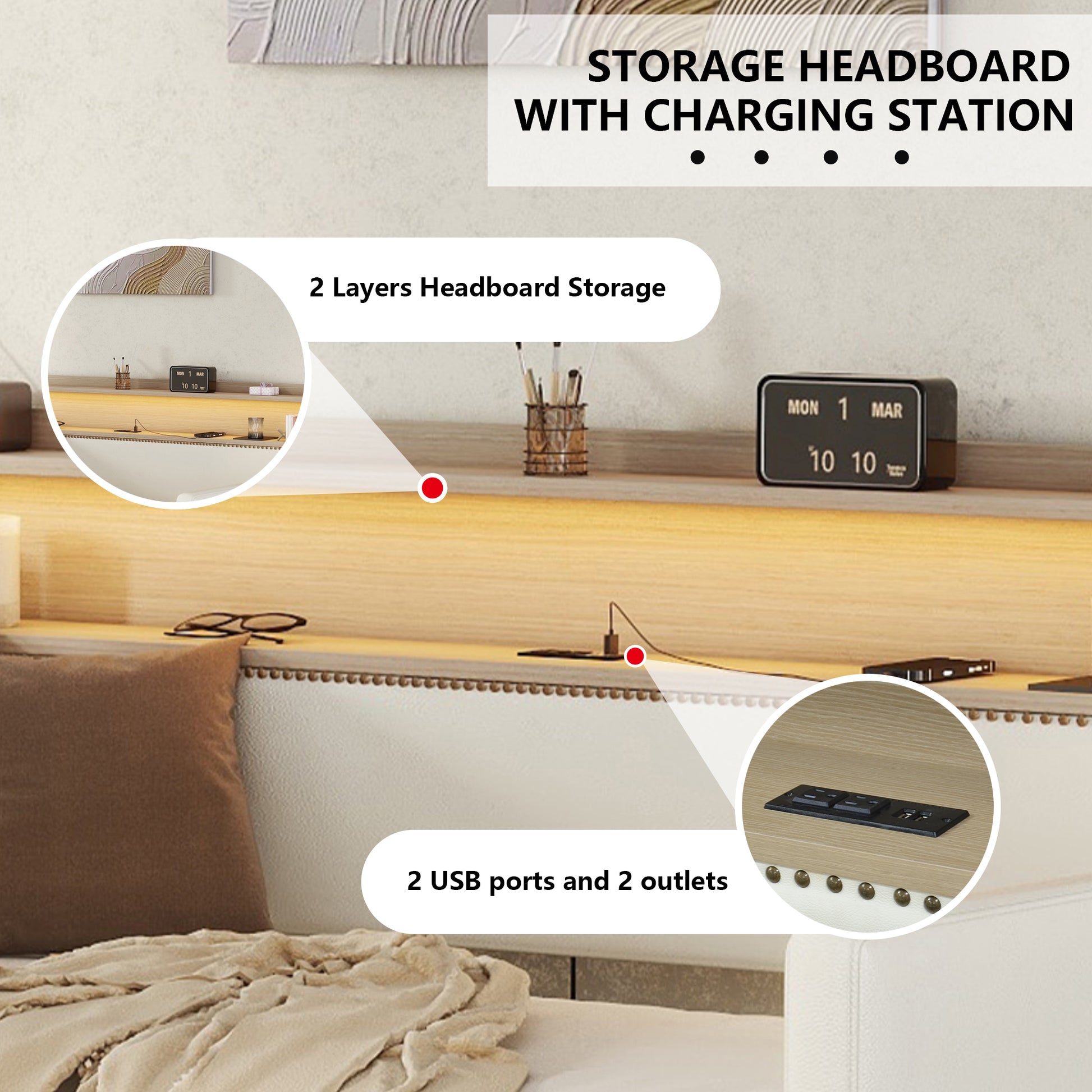 Storage headboard with two layers of storage