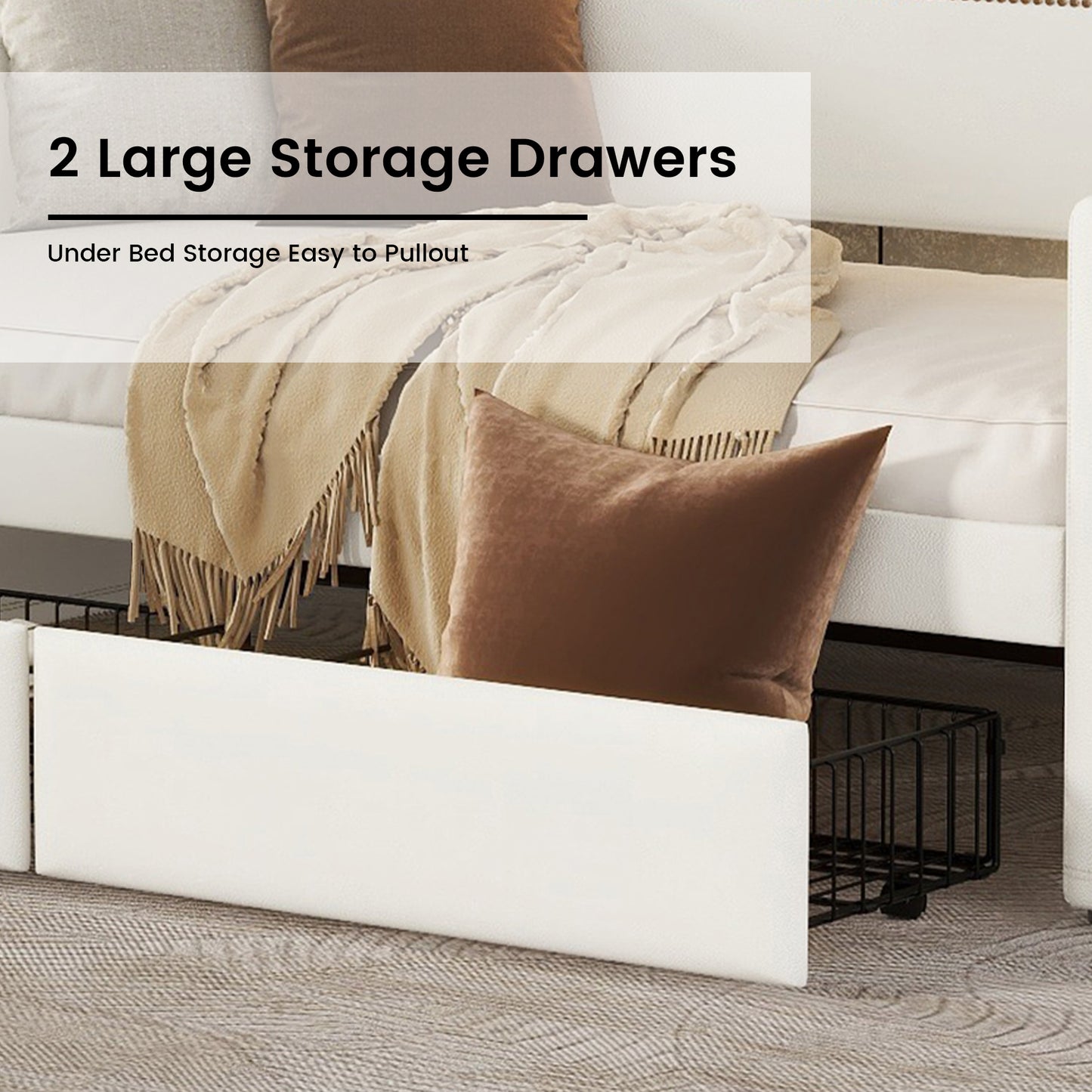 White fabric underbed storage drawer with black metal frame