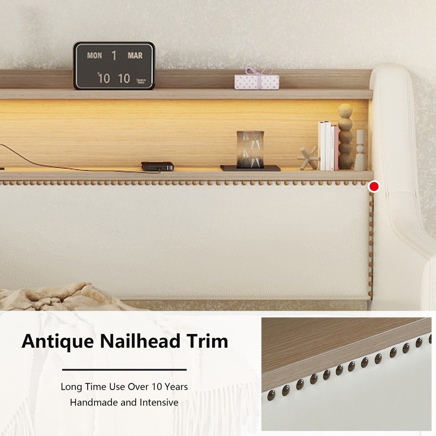 Cream upholstered headboard with antique nailhead trim