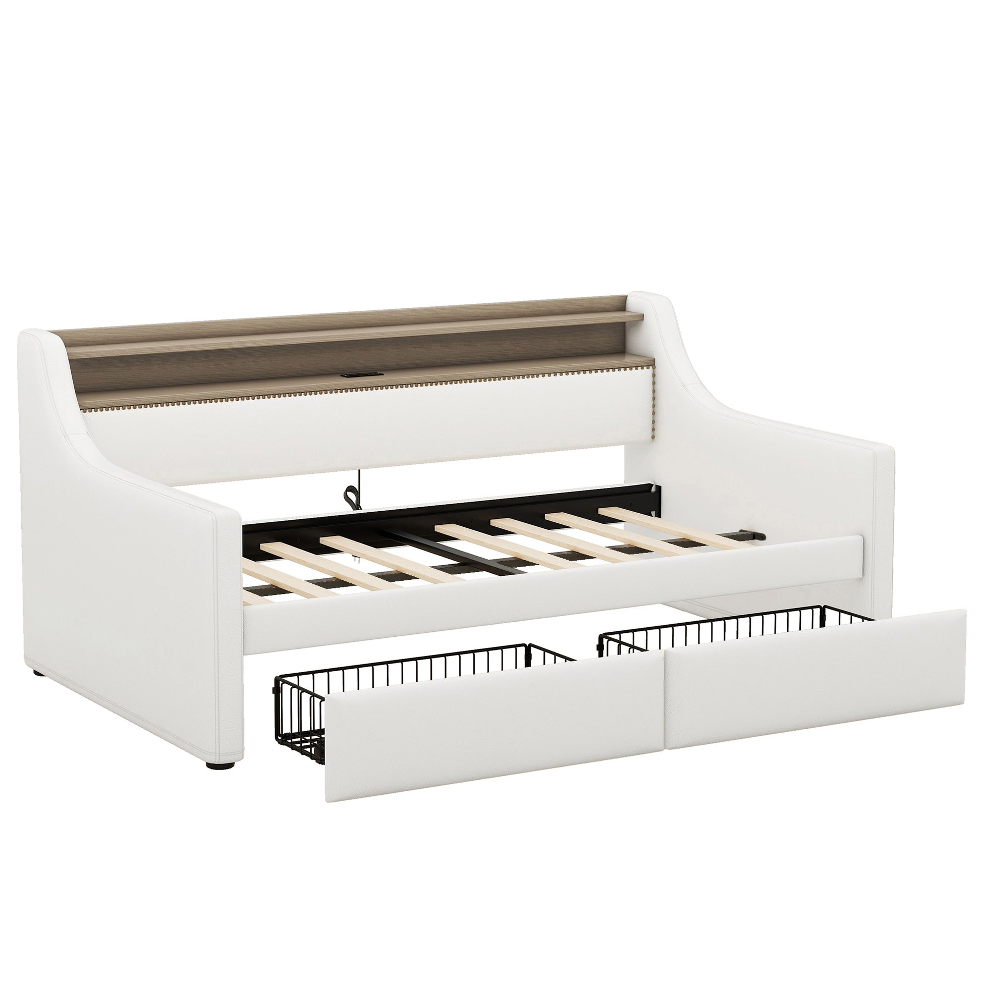 White upholstered daybed with pullout drawers and integrated wooden shelf