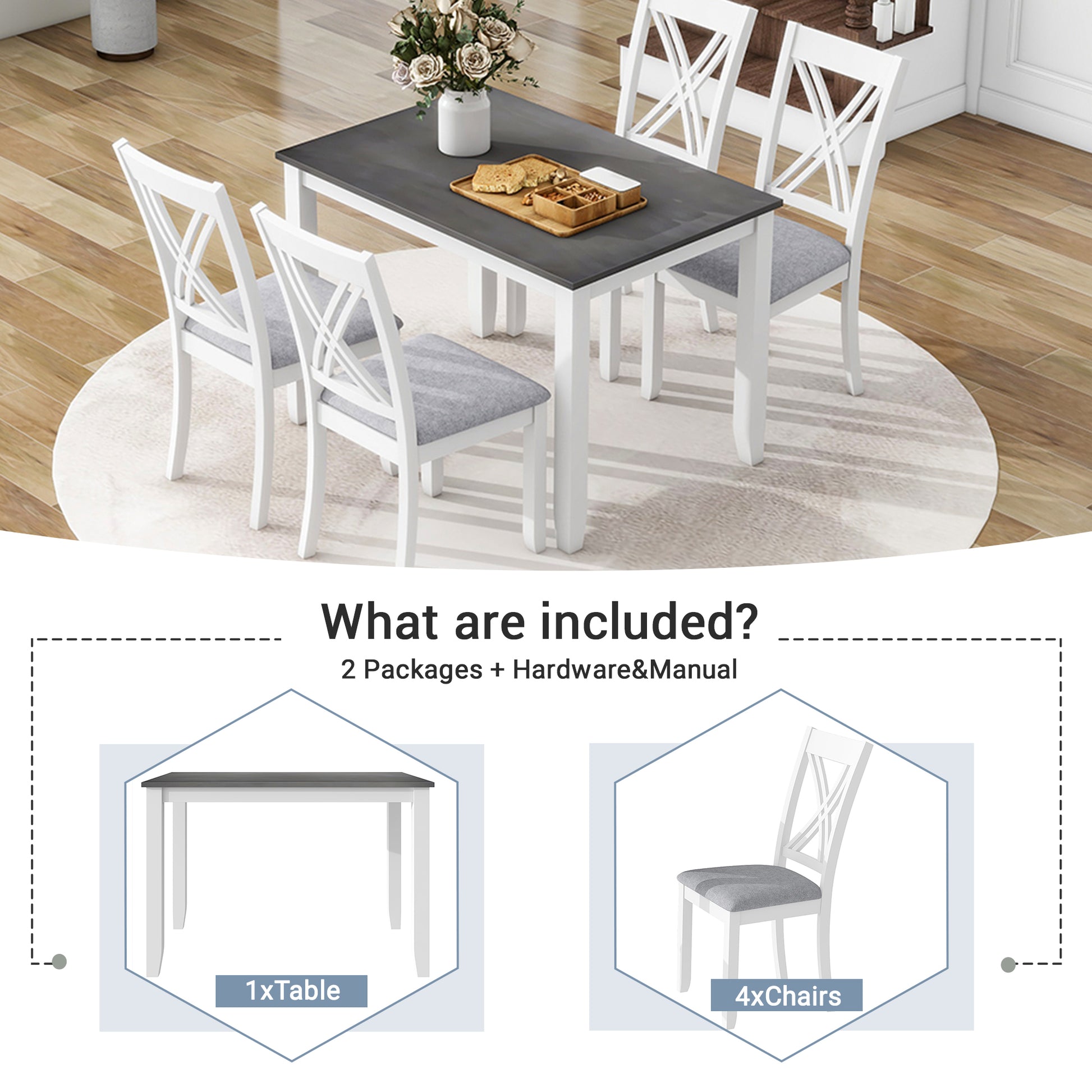 White dining table with gray top and four gray upholstered chairs