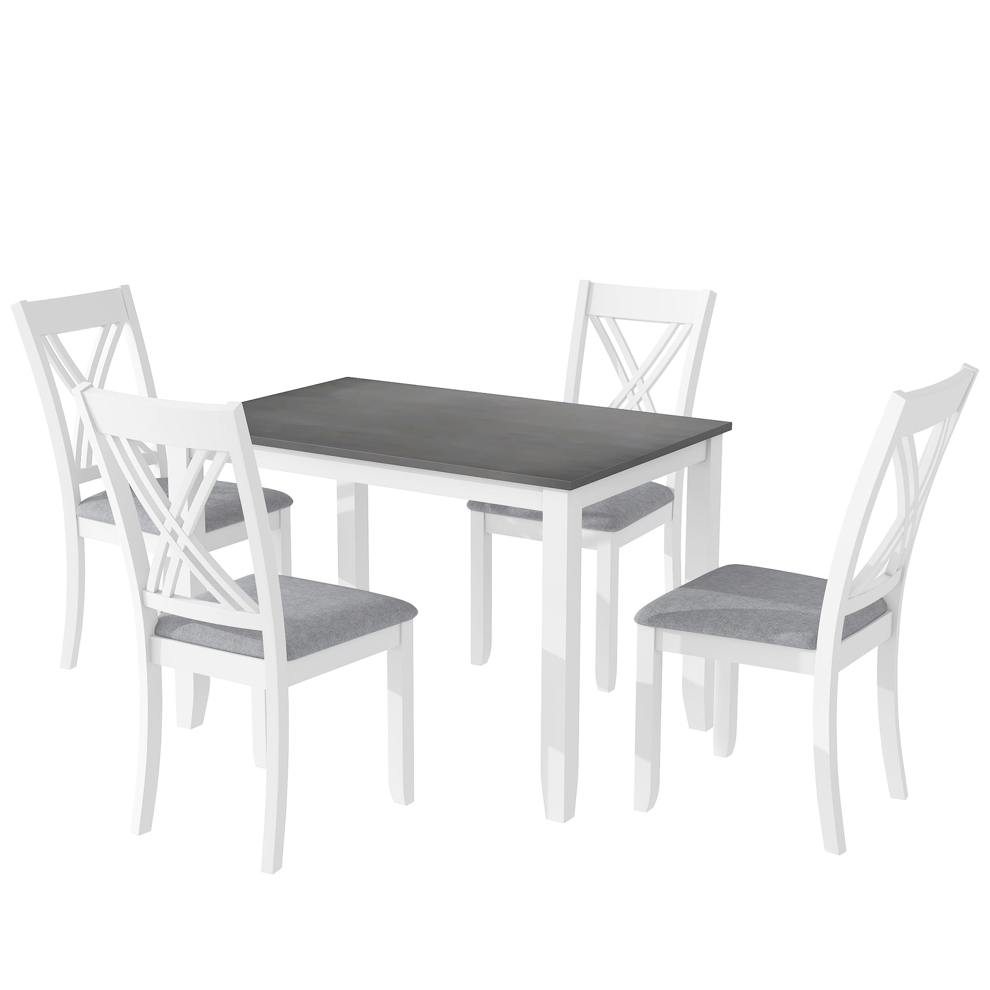 White and grey farmhouse dining set with four upholstered chairs