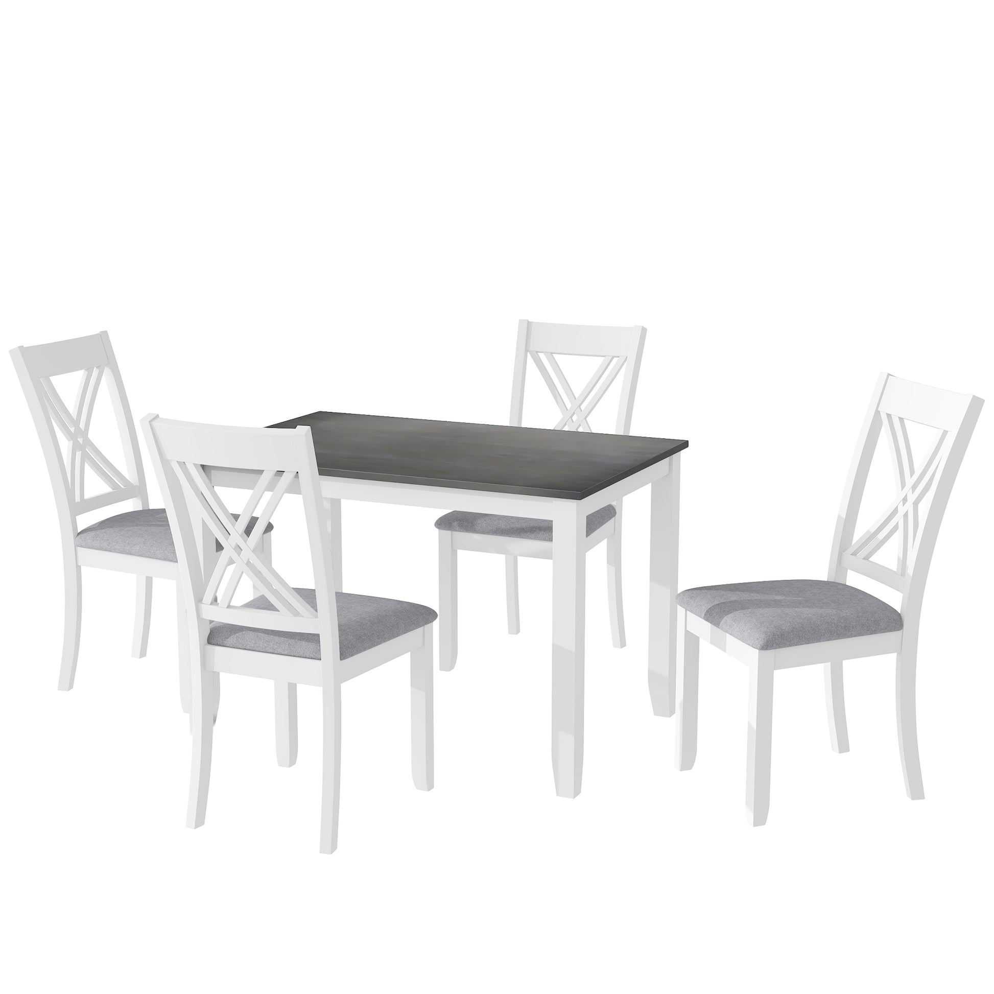 White wooden dining set with grey upholstered chairs and dark grey tabletop