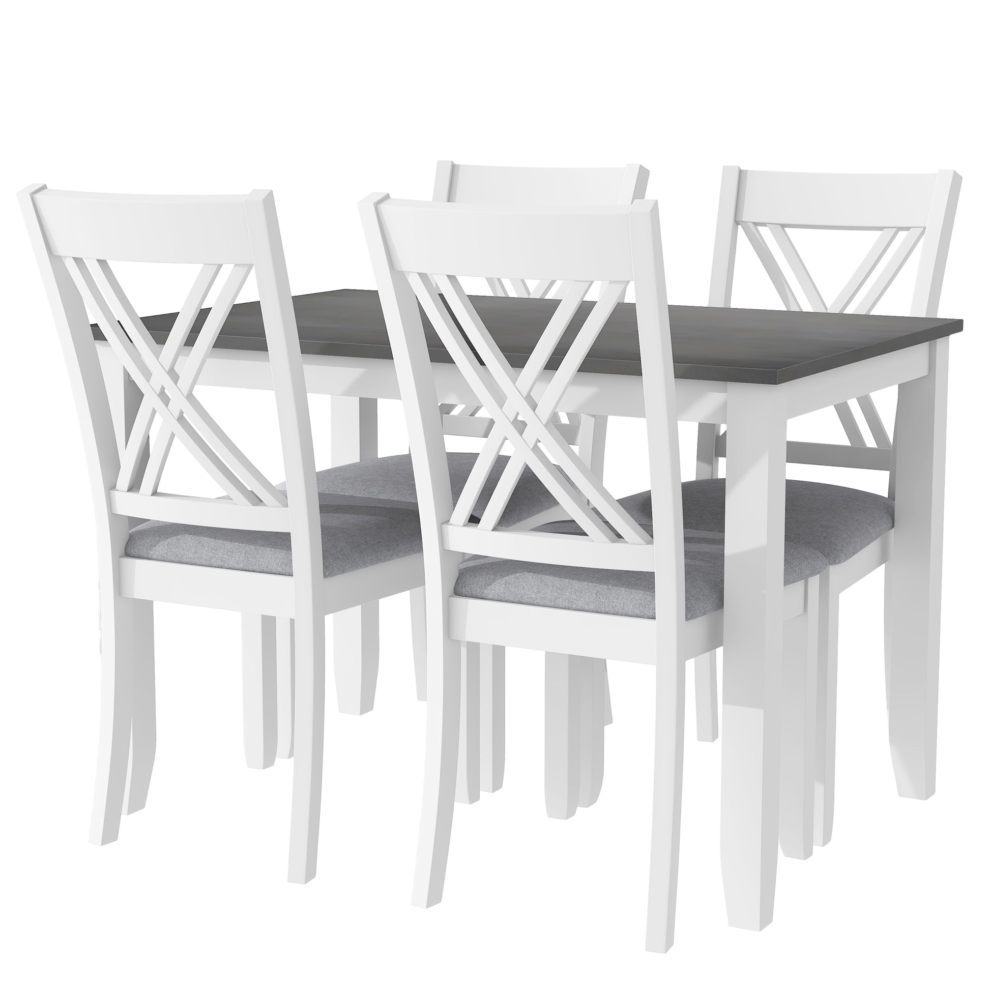 White wooden dining set with grey upholstered seats and dark tabletop