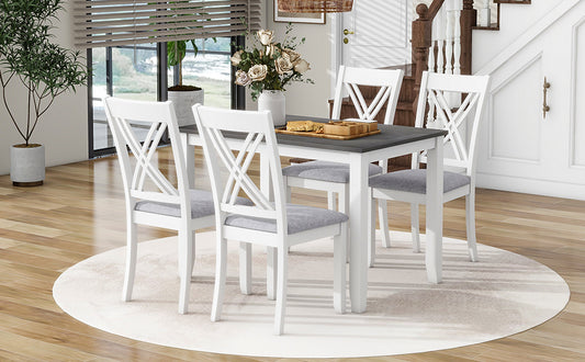 White and gray dining set with four upholstered chairs