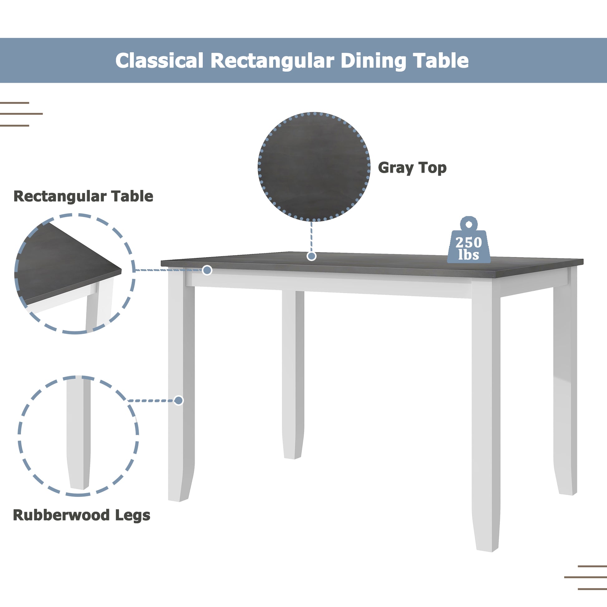 Classical rectangular dining table with gray top and white rubberwood legs
