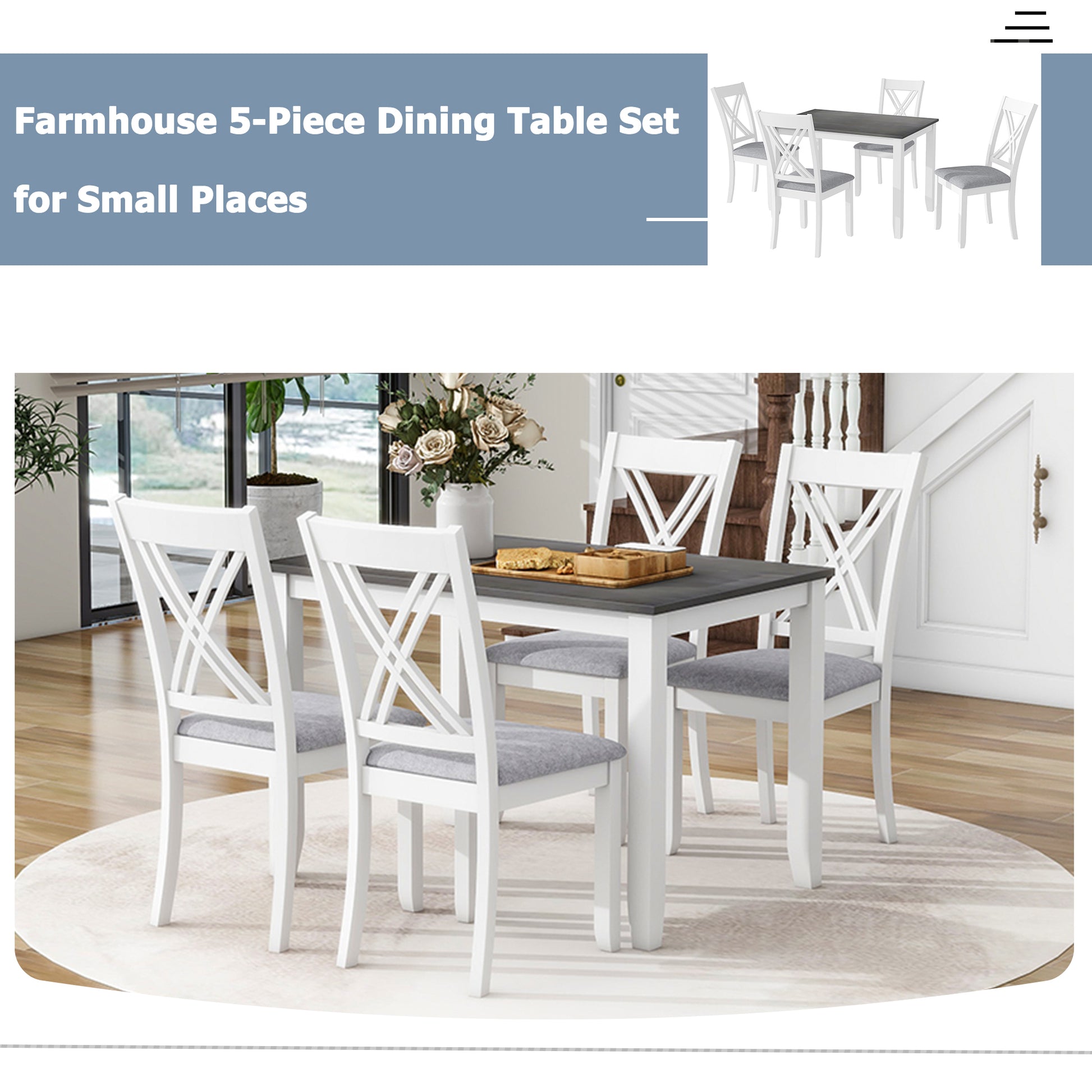 Farmhouse dining table set with dark gray top and four white chairs featuring Xback design and gray cushions