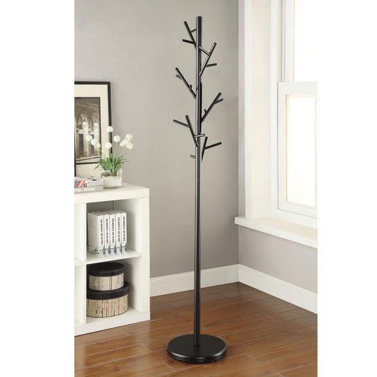 Black metal coat rack with tree branch design hooks