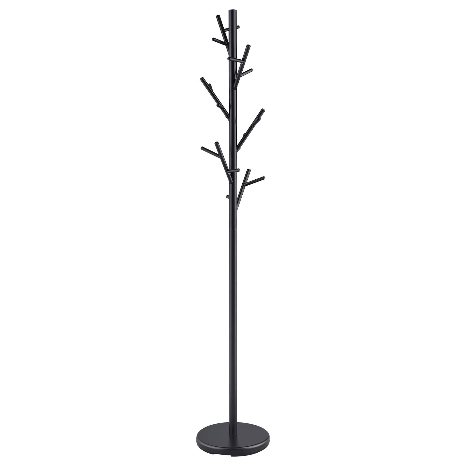 Black metal treeshaped coat rack with multiple branches for hanging items
