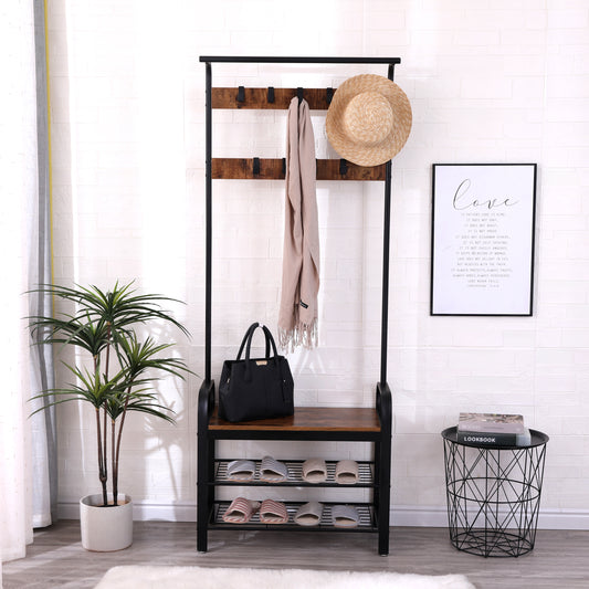 Rustic entryway hall tree with hat hooks and shoe rack