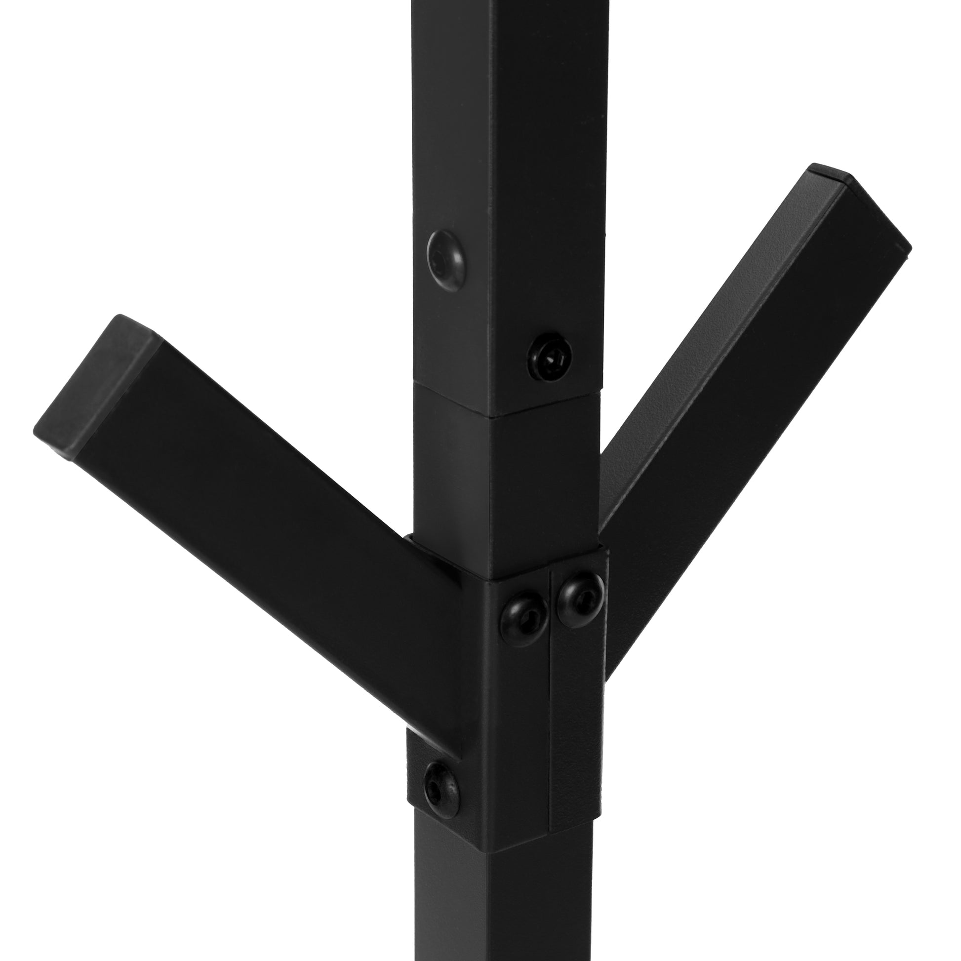 Black metal coat rack pole with three angled arms
