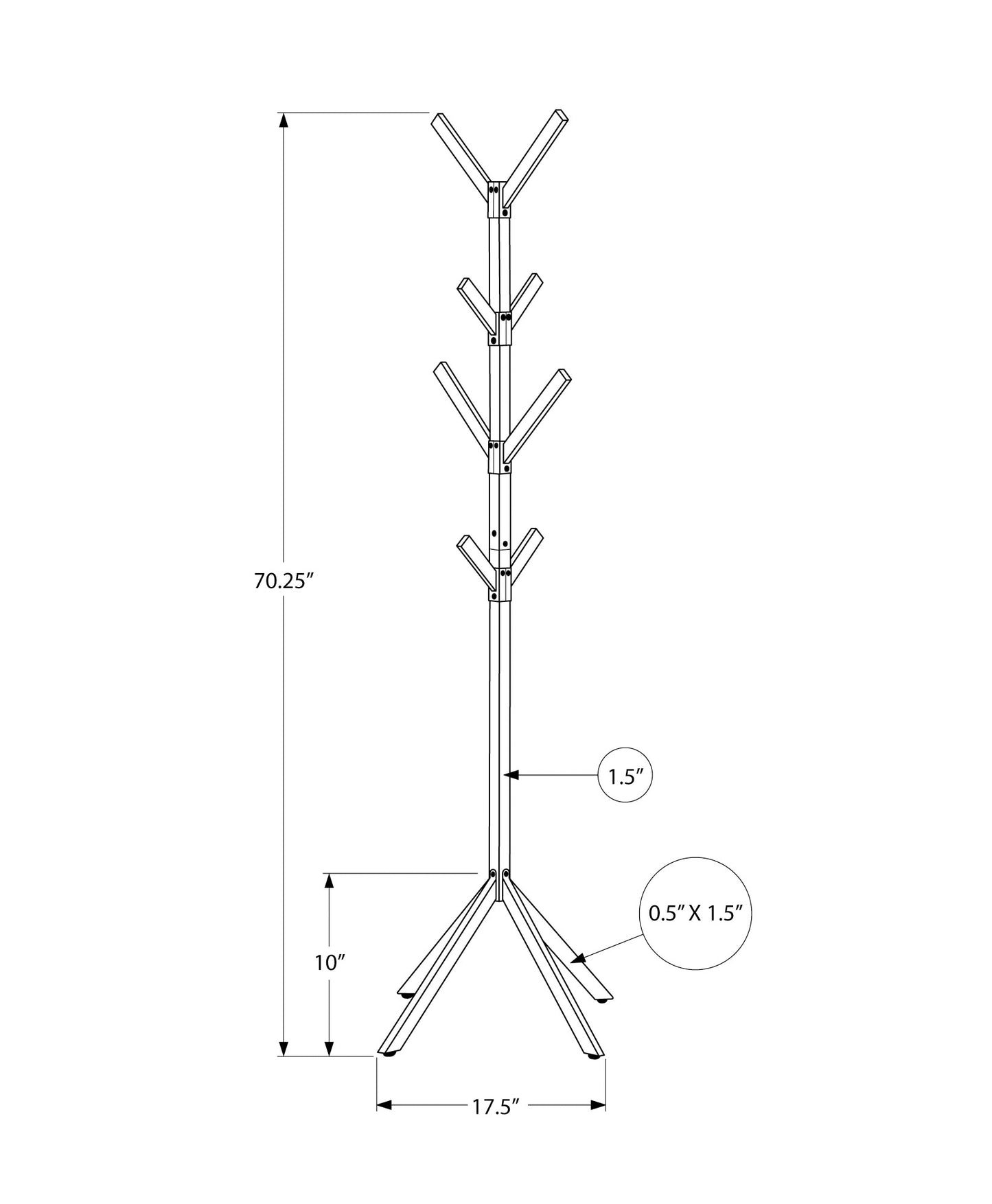 Line drawing of a  tall coat rack with Vshaped arms