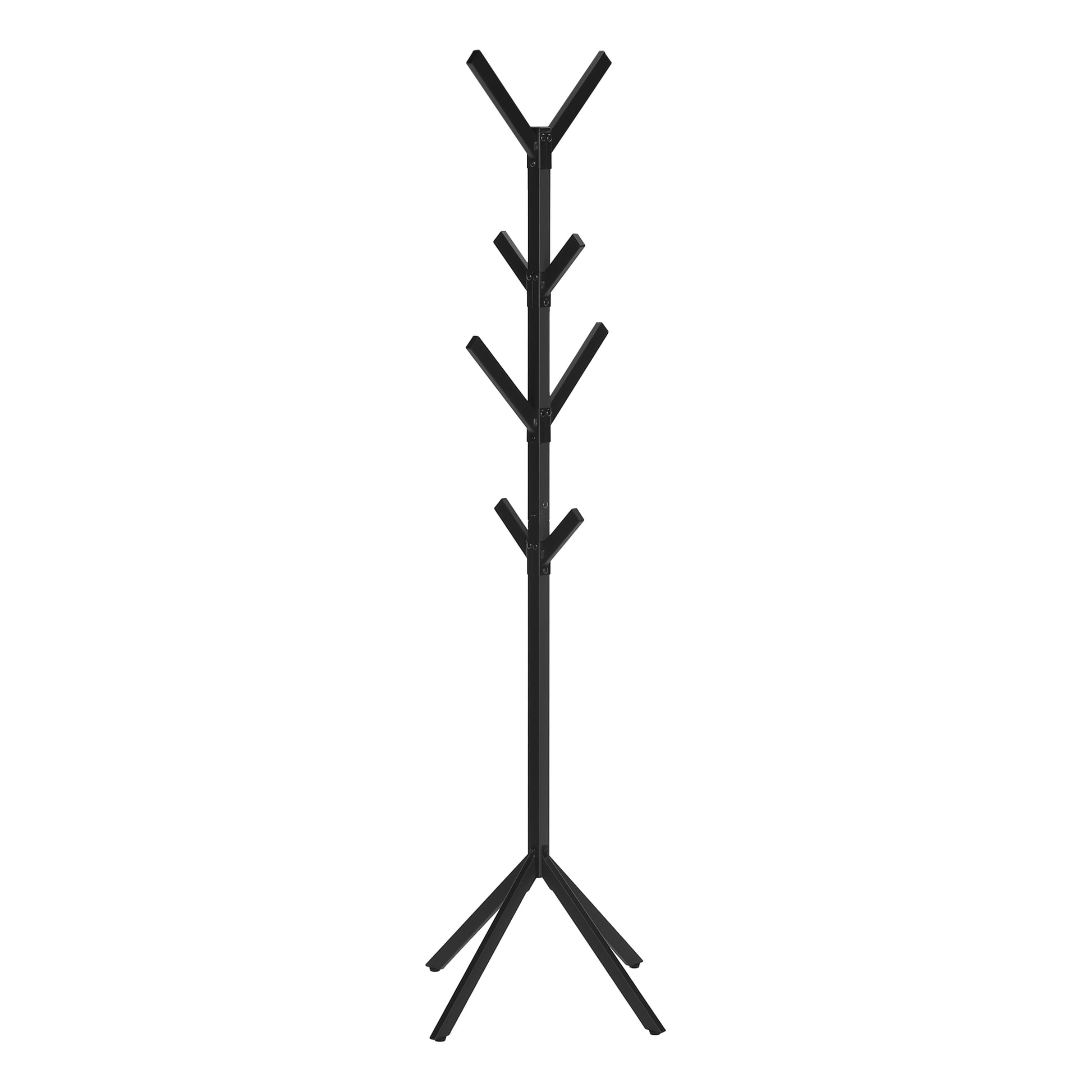 Black metal tree coat rack with five branches and a tripod base