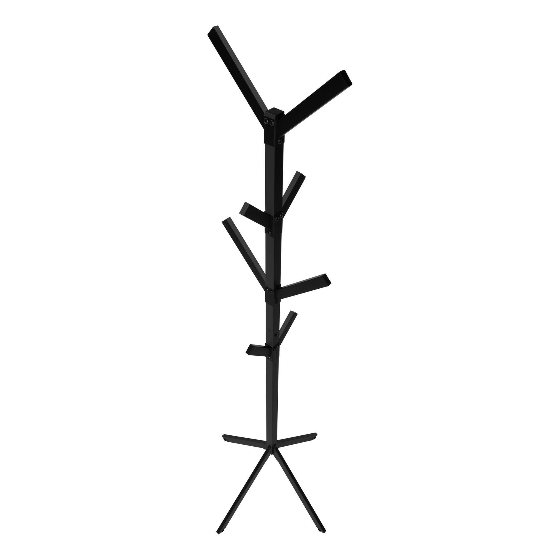Black metal tree branch coat rack with tripod base