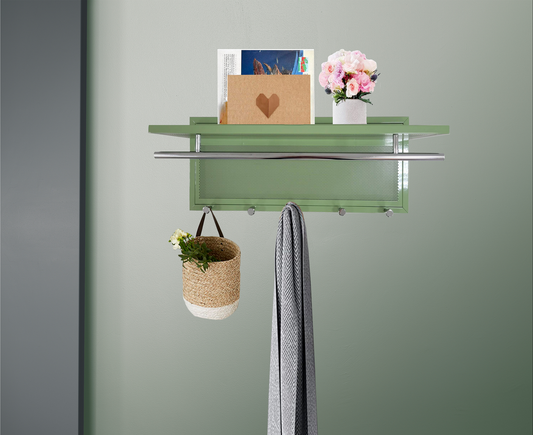 Sage green metal entryway shelf with mail holder and towel hooks