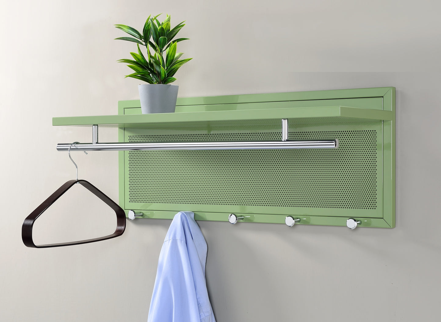 Mint green metal wallmounted coat rack with shelf and hooks