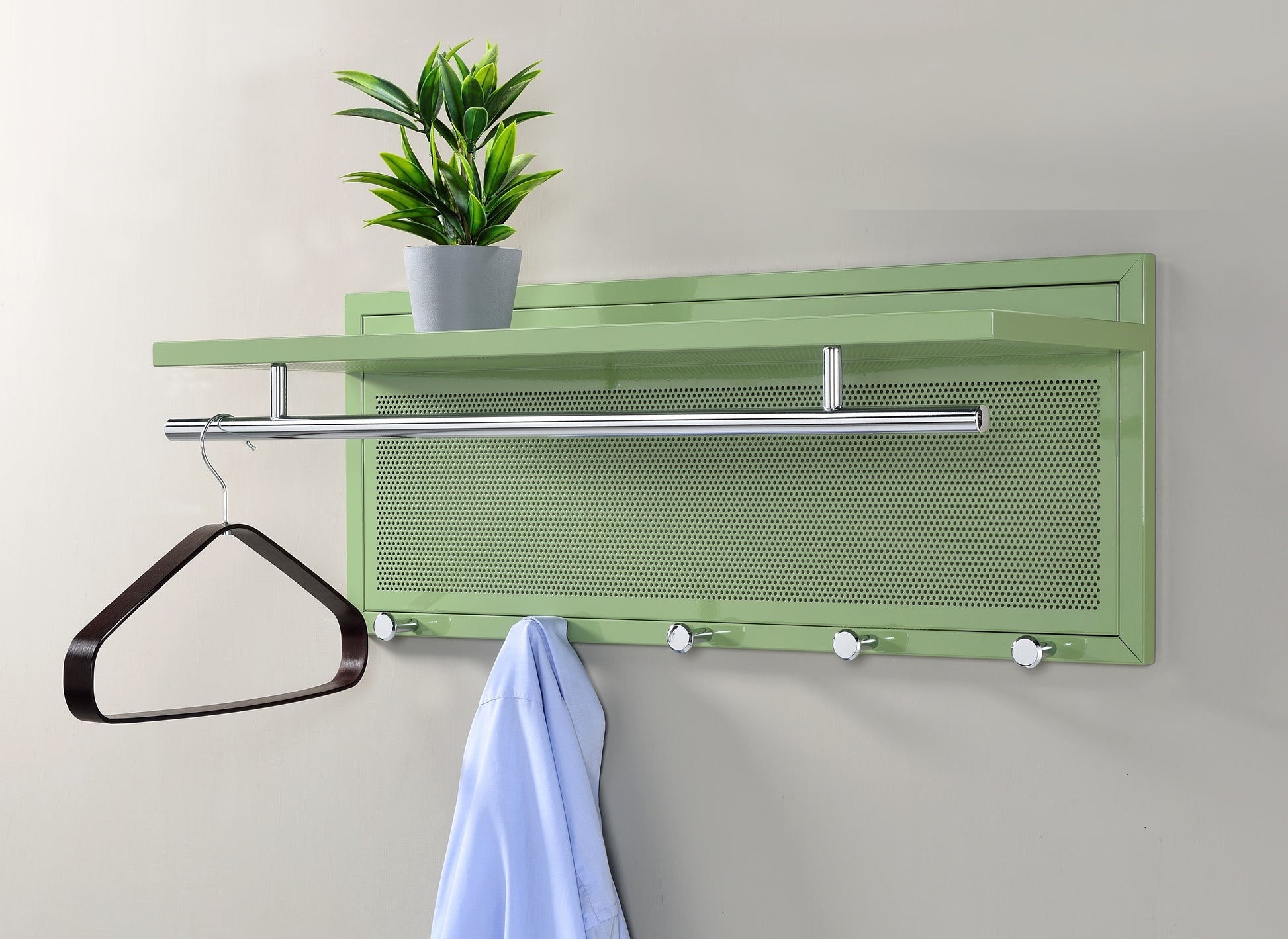 Mint green metal wallmounted coat rack with shelf and hooks