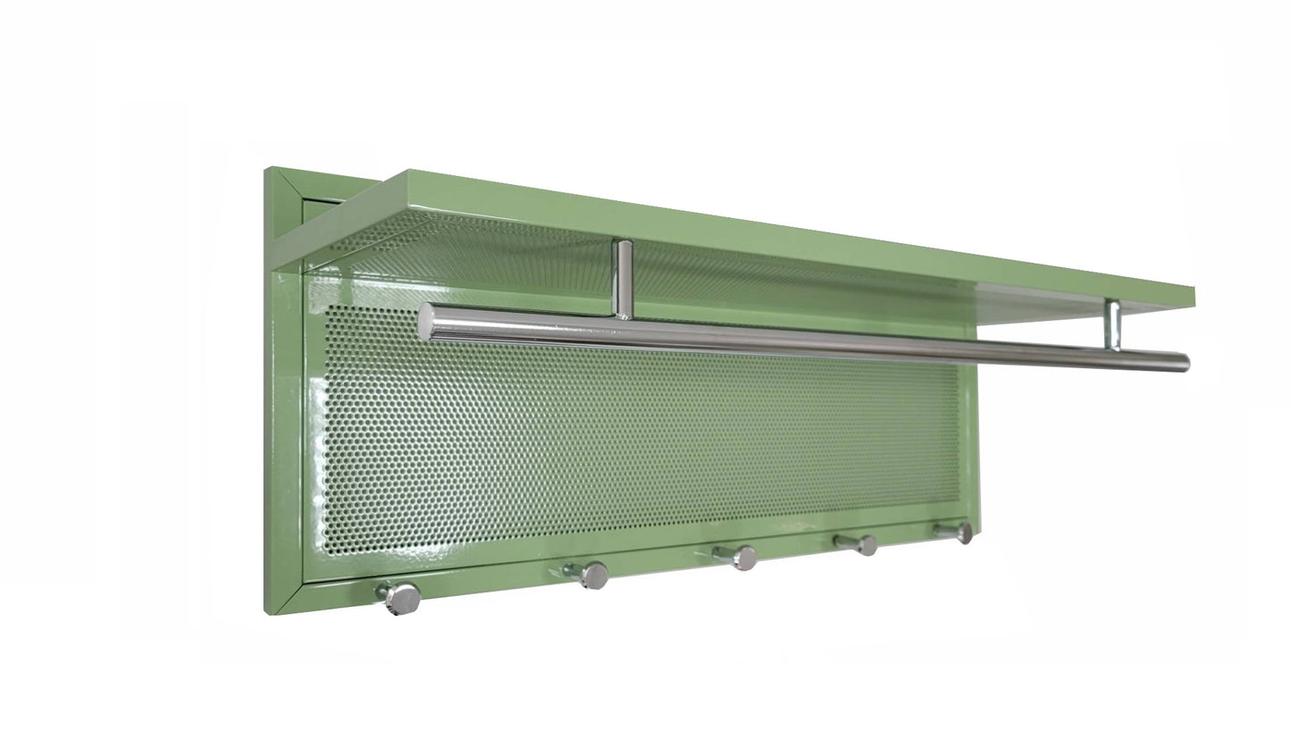 Sage green metal entryway rack with shelf and  hooks