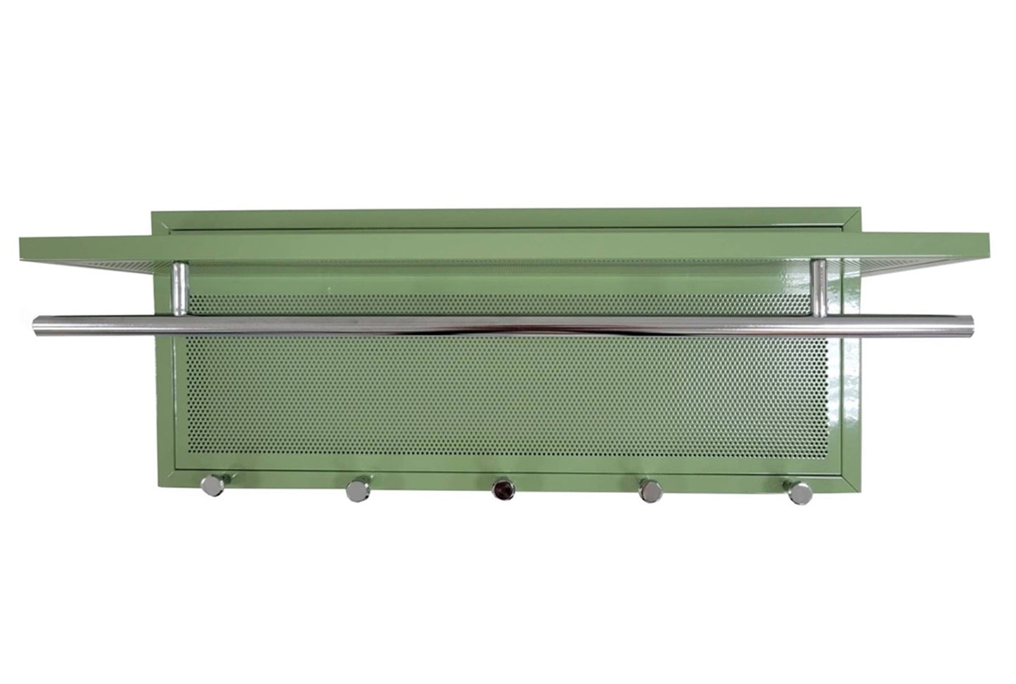 Sage green metal wall shelf with chrome towel bar and coat hooks