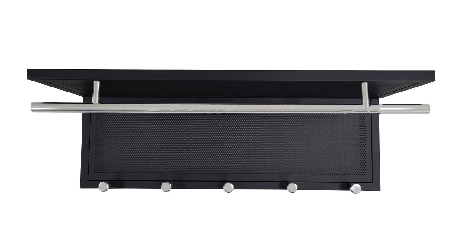 Black metal wallmounted shelf with chrome rail and five hooks for entryway organization