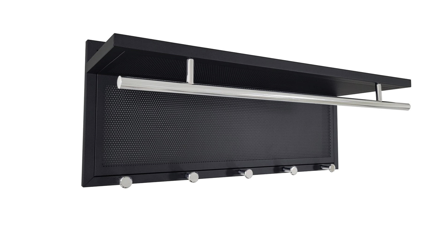 Modern black coat rack with perforated panel and chrome accents