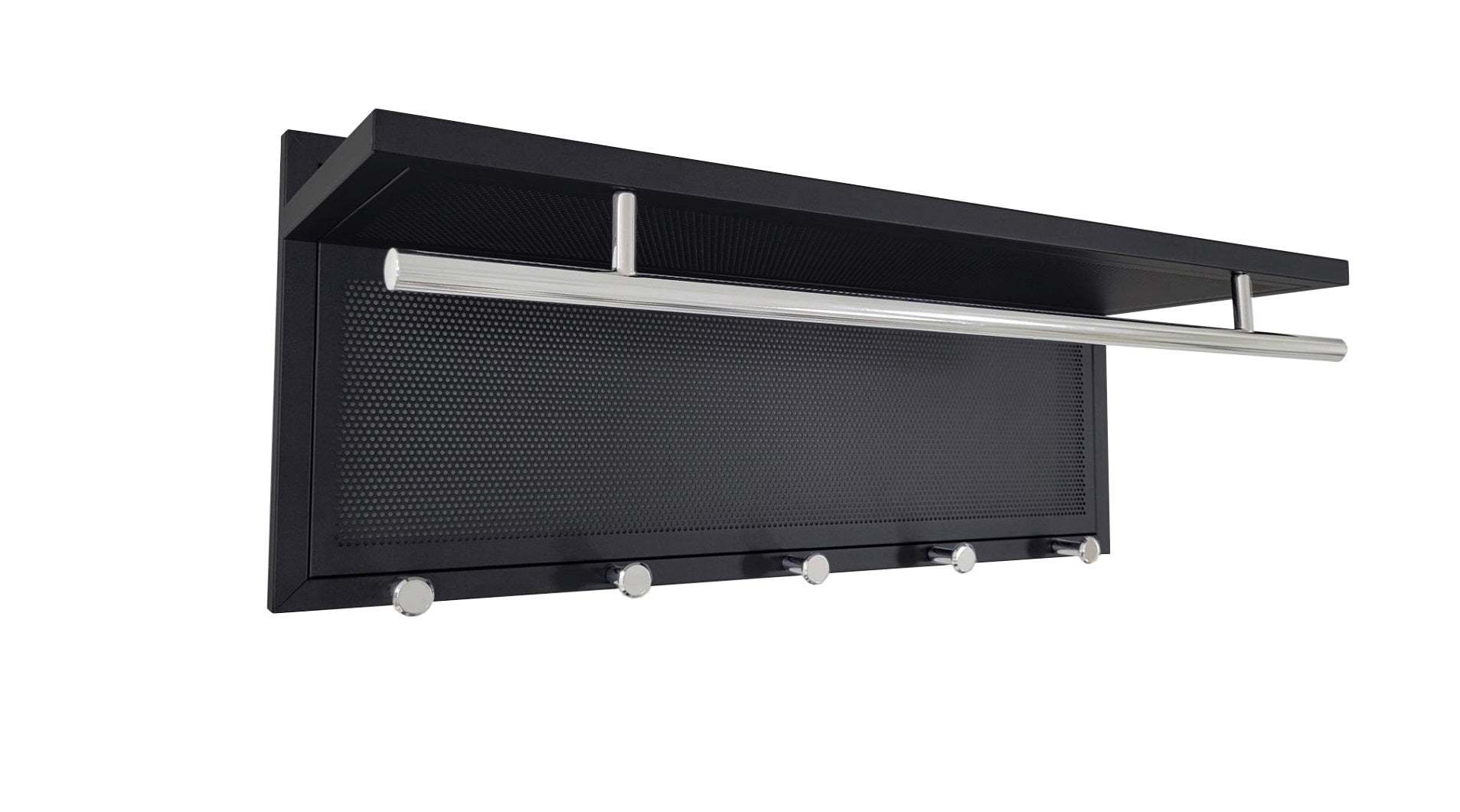 Modern black coat rack with perforated panel and chrome accents