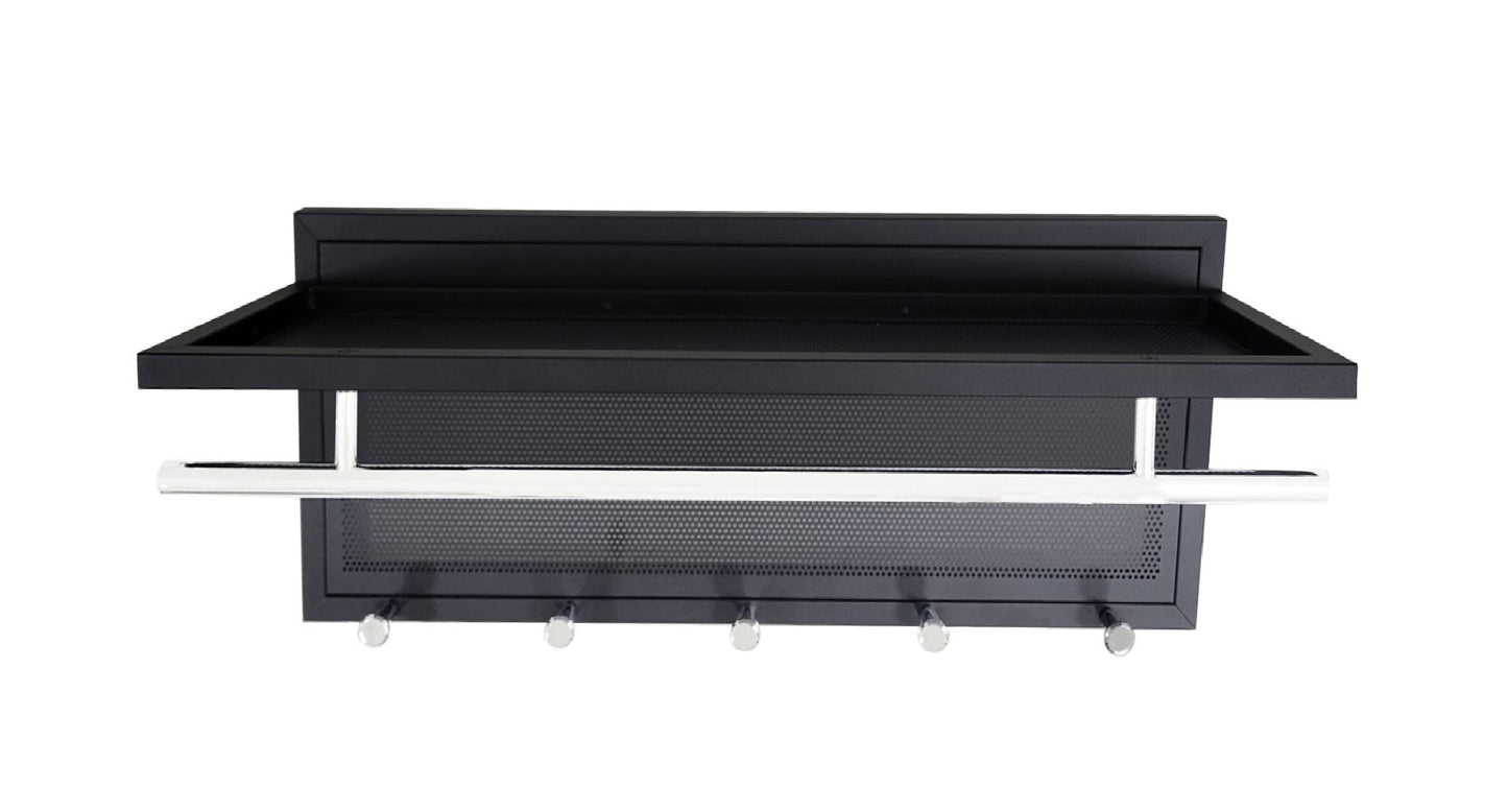 Black metal entryway organizer with shelf and hooks