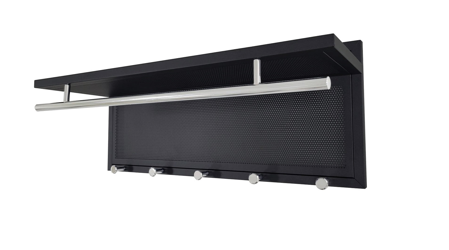 Black wallmounted coat rack with silver hooks and a metal shelf