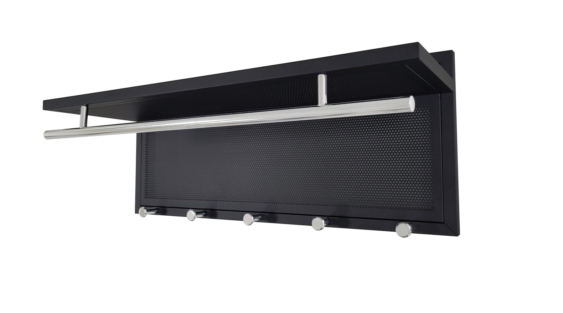 Black wallmounted coat rack with silver hooks and a metal shelf