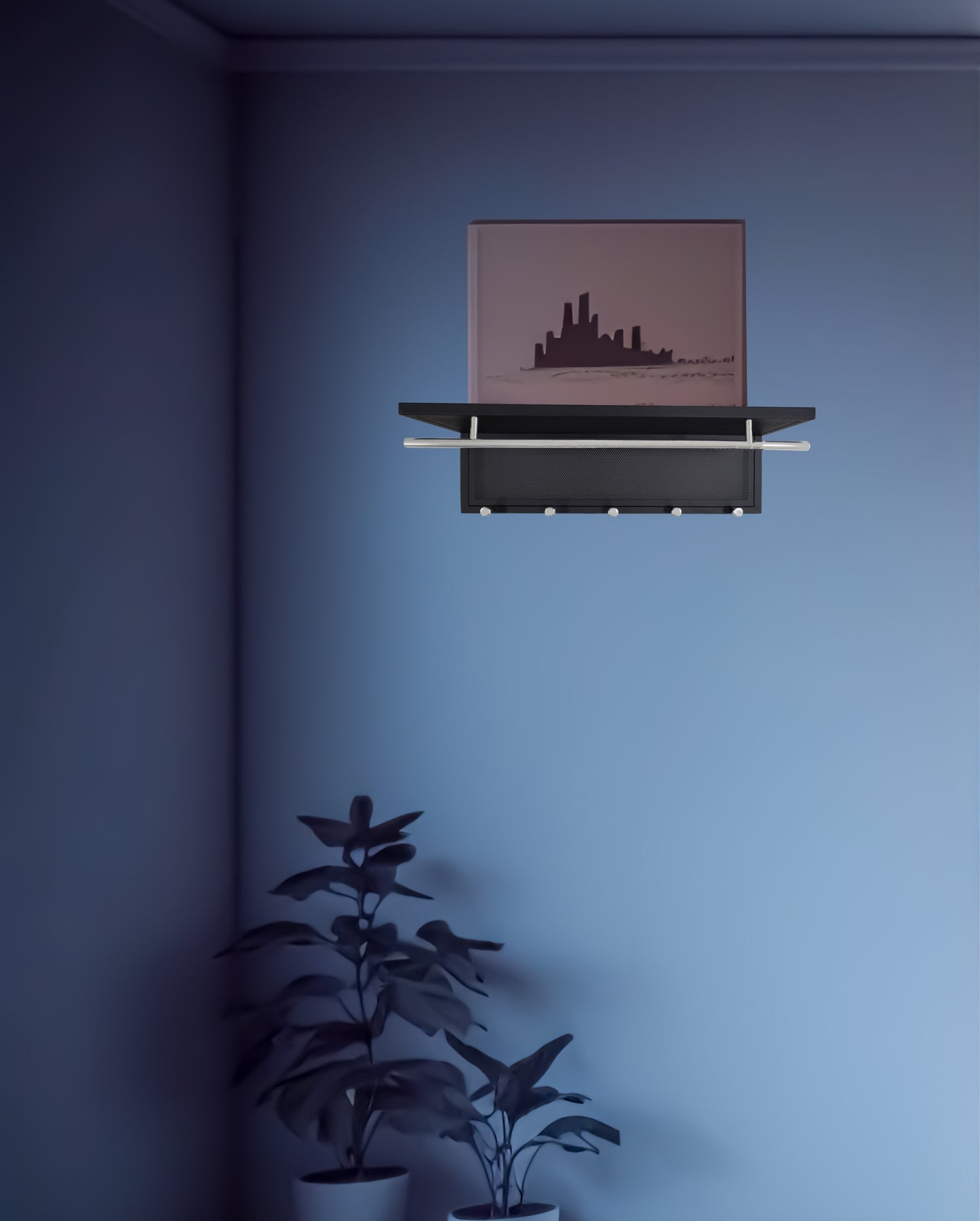 Black modern wall shelf with coat hooks and city skyline art