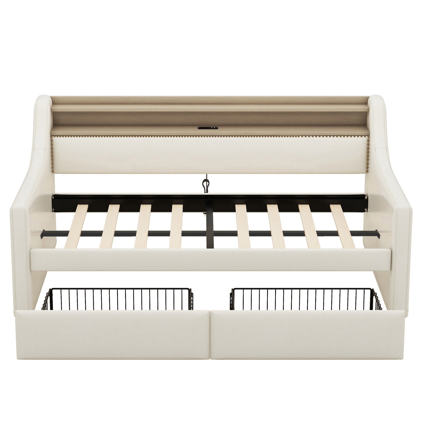 Cream upholstered sofa bed with wooden slatted base and storage baskets