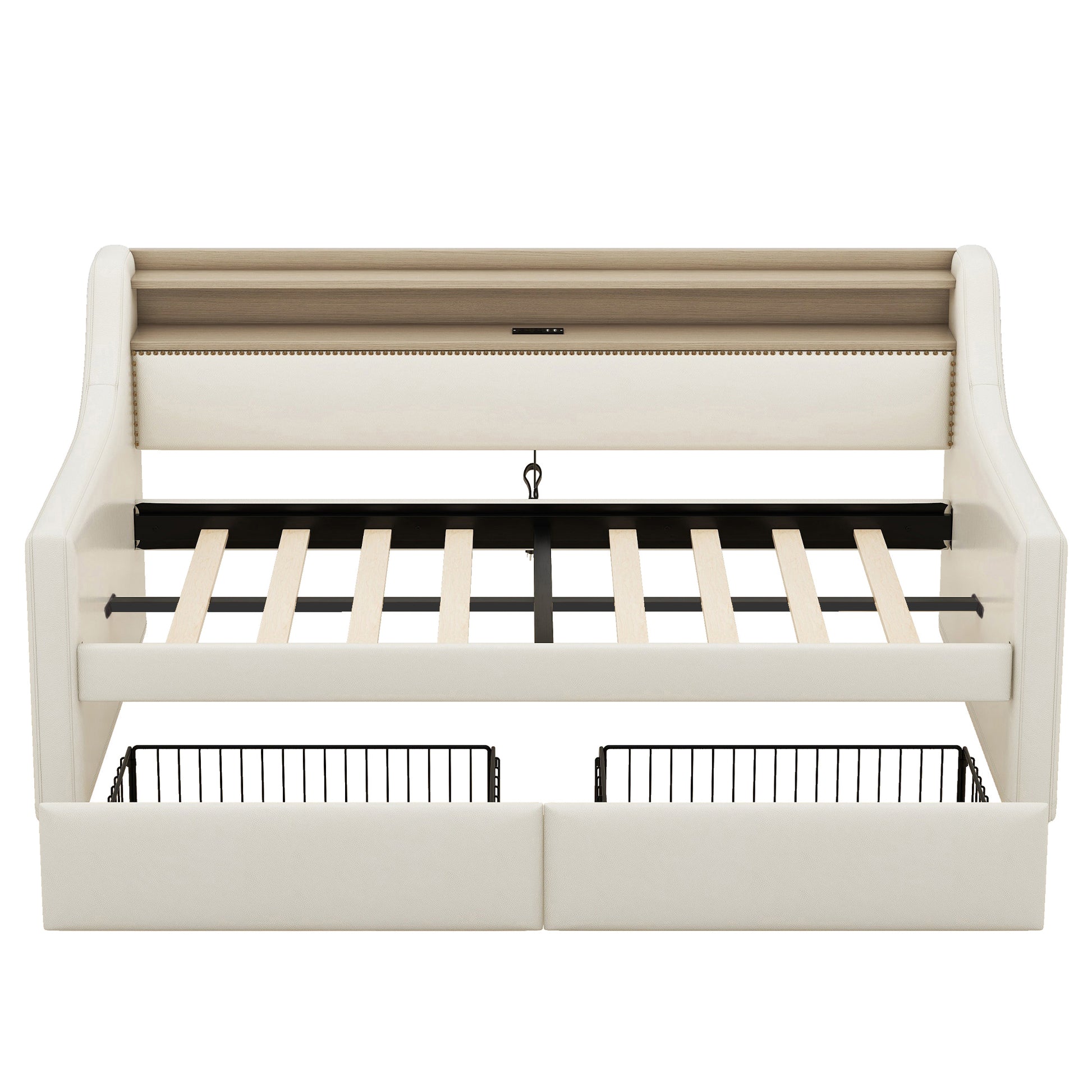 Cream upholstered sofa bed with wooden slatted base and storage baskets