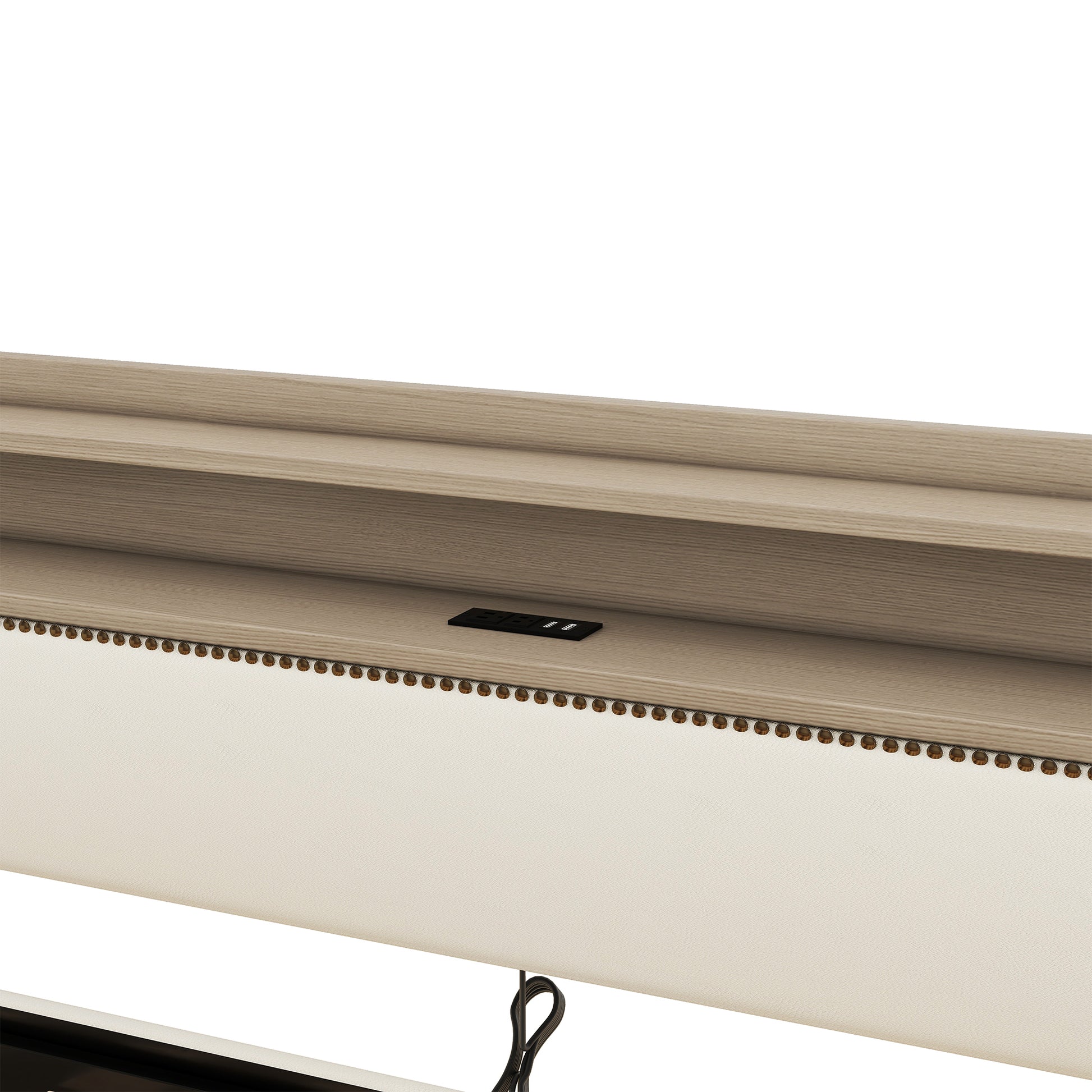 Integrated USB charging port on wood desk ledge