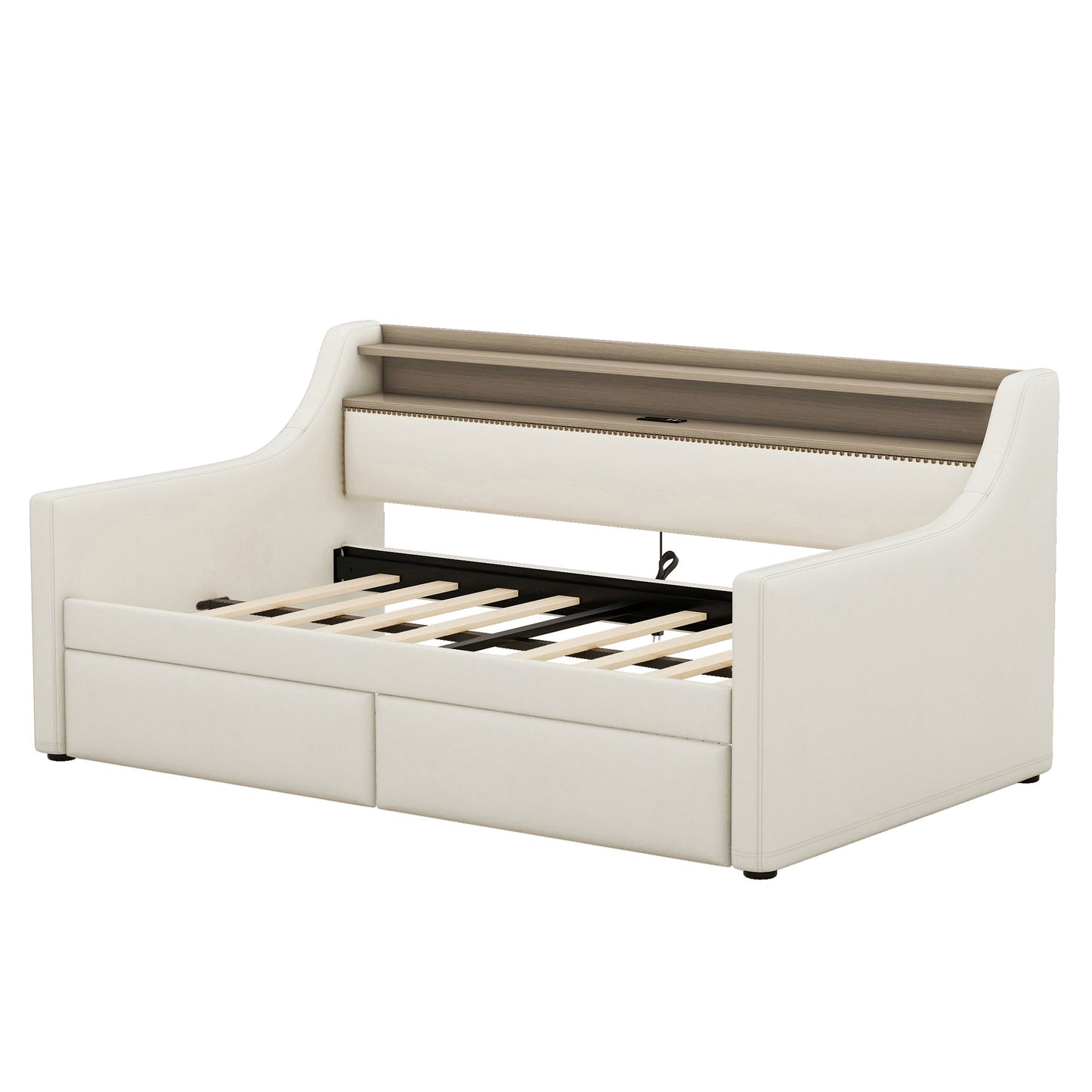 Offwhite upholstered daybed with integrated wood shelf and two storage drawers