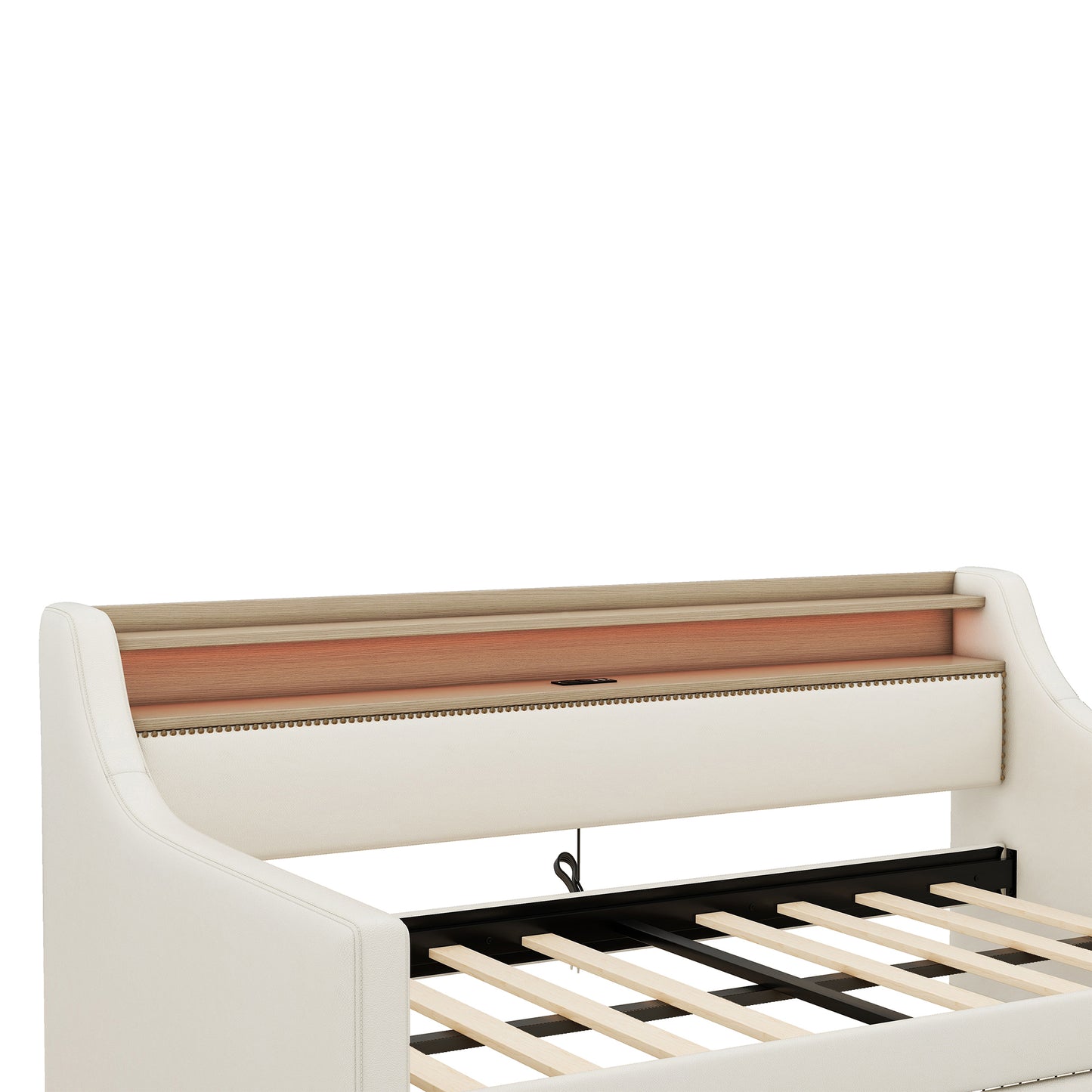 Cream upholstered daybed with wooden accents and builtin storage compartment