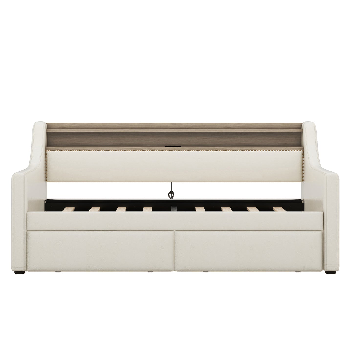 Cream leather sofa bed with integrated storage drawers and wooden headboard accents