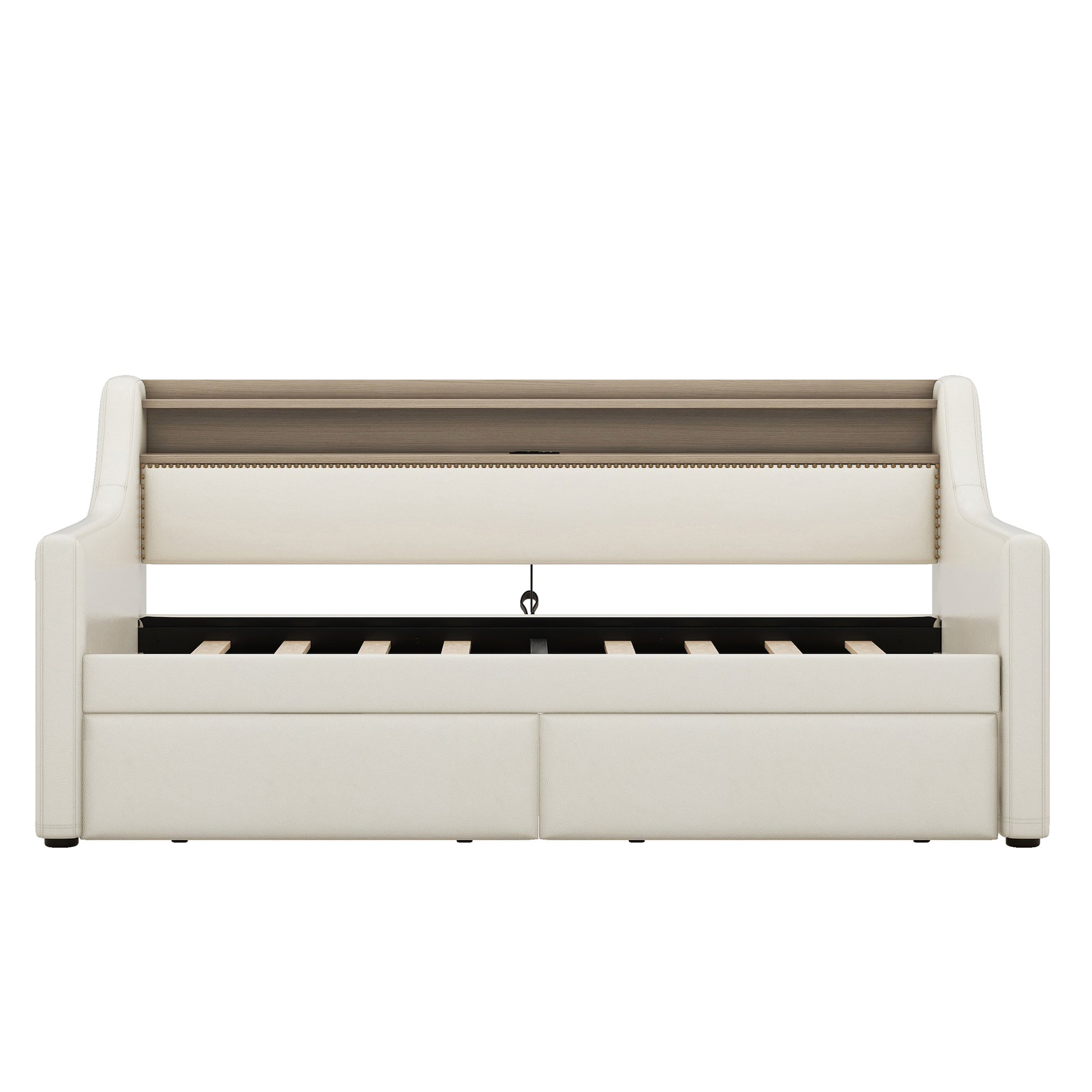 Cream leather sofa bed with integrated storage drawers and wooden headboard accents