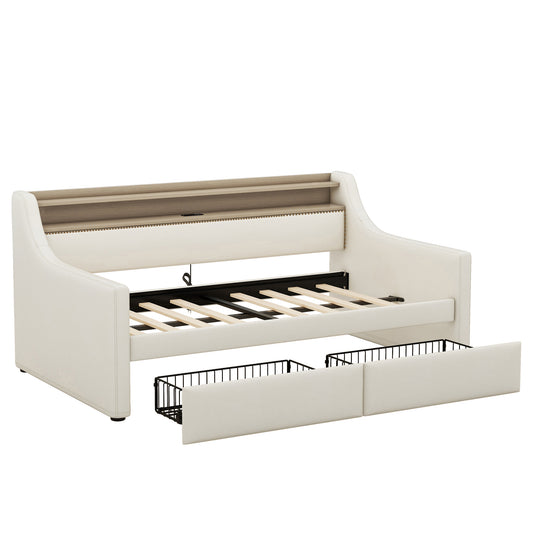 Cream upholstered daybed with pullout drawers and wooden slat support